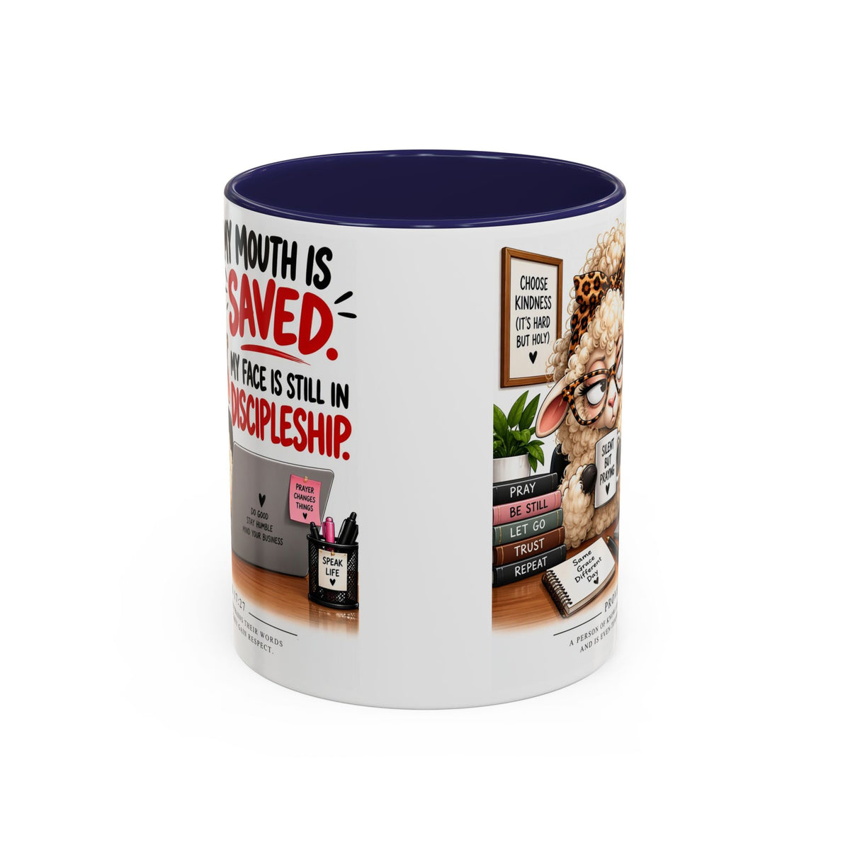 Saved & Sassy Sheep Coffee Mug — "My Mouth Is Saved, My Face Is Still In Discipleship" Accent Mug