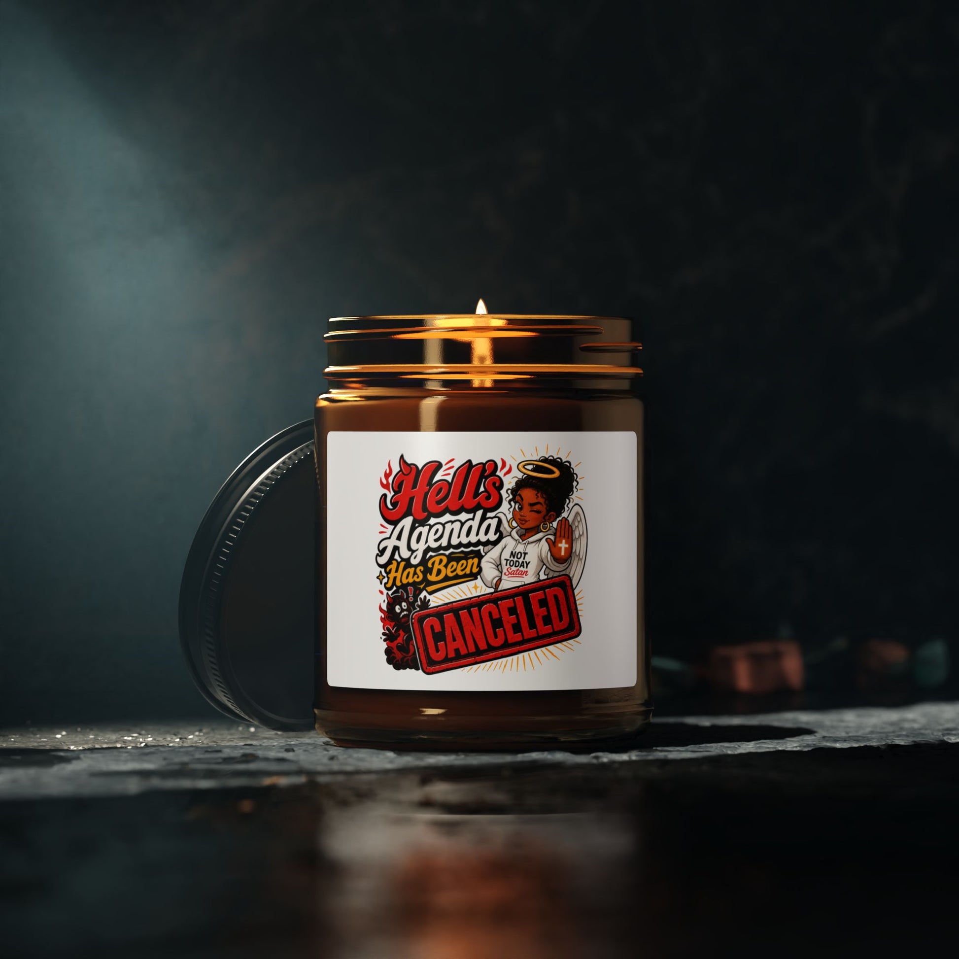 Soy Candle – “Hell’s Agenda Has Been Canceled” Amber Jar - ClaimedbyGodDesigns