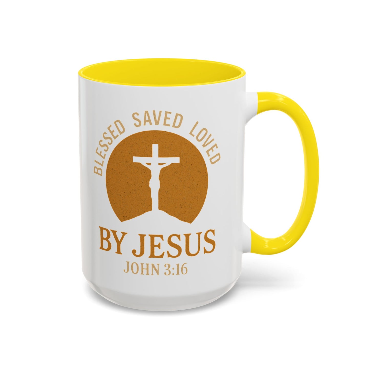 Inspirational Accent Coffee Mug - Blessed, Saved, Loved by Him | John 3:16