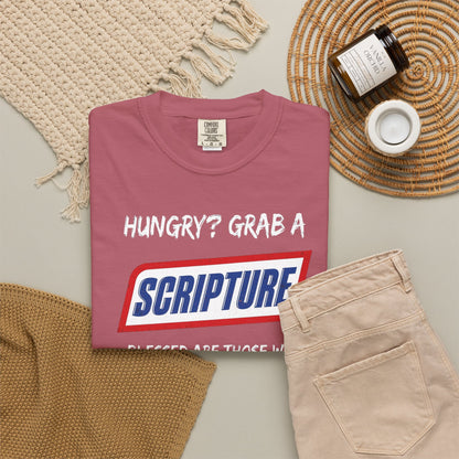 Scripture Snack T-Shirt — "Hungry? Grab a Scripture" Matthew 5:6 Christian Tee