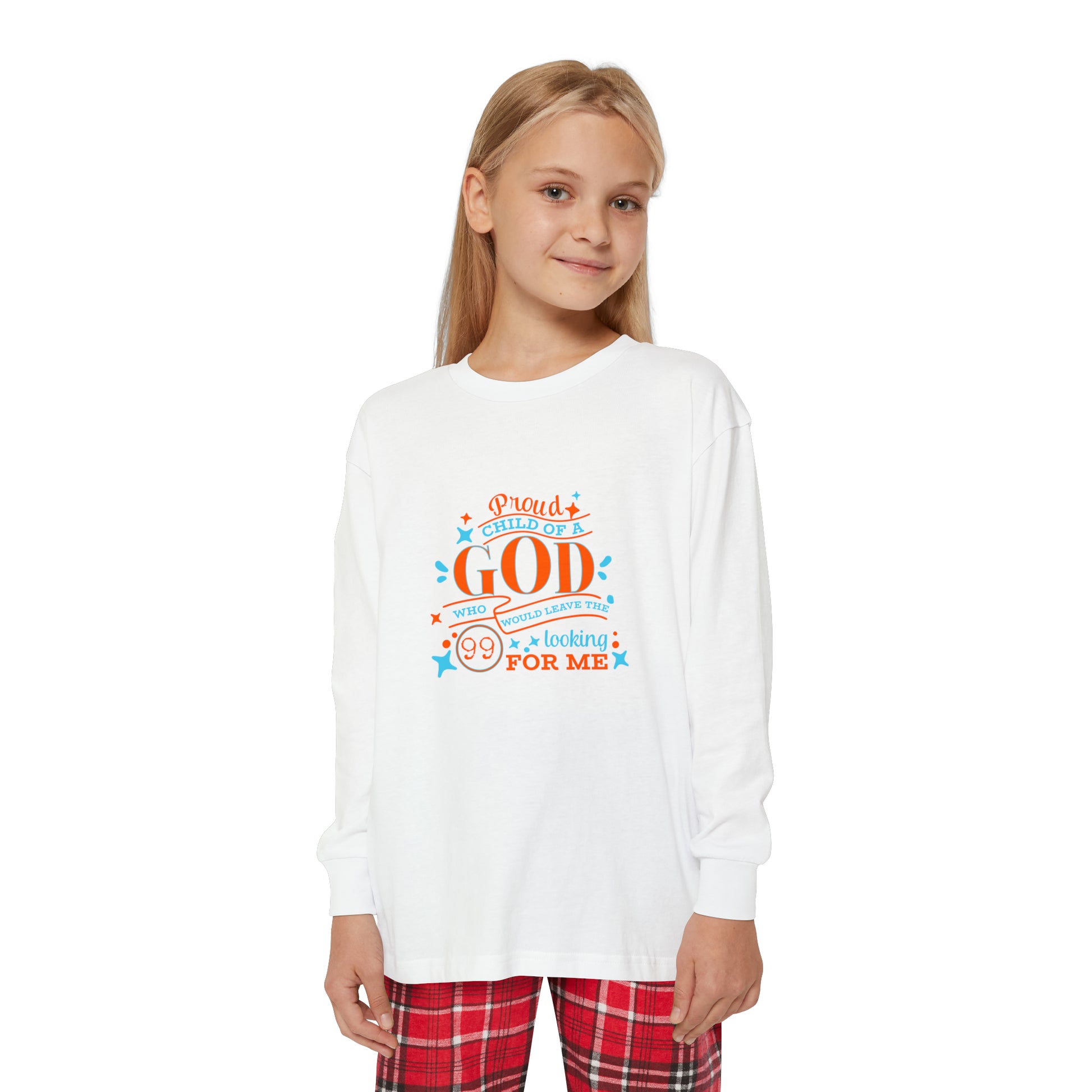 Proud Child Of A God Who Would Leave The 99 Looking For Me Youth Christian Long Sleeve Pajama Set Printify