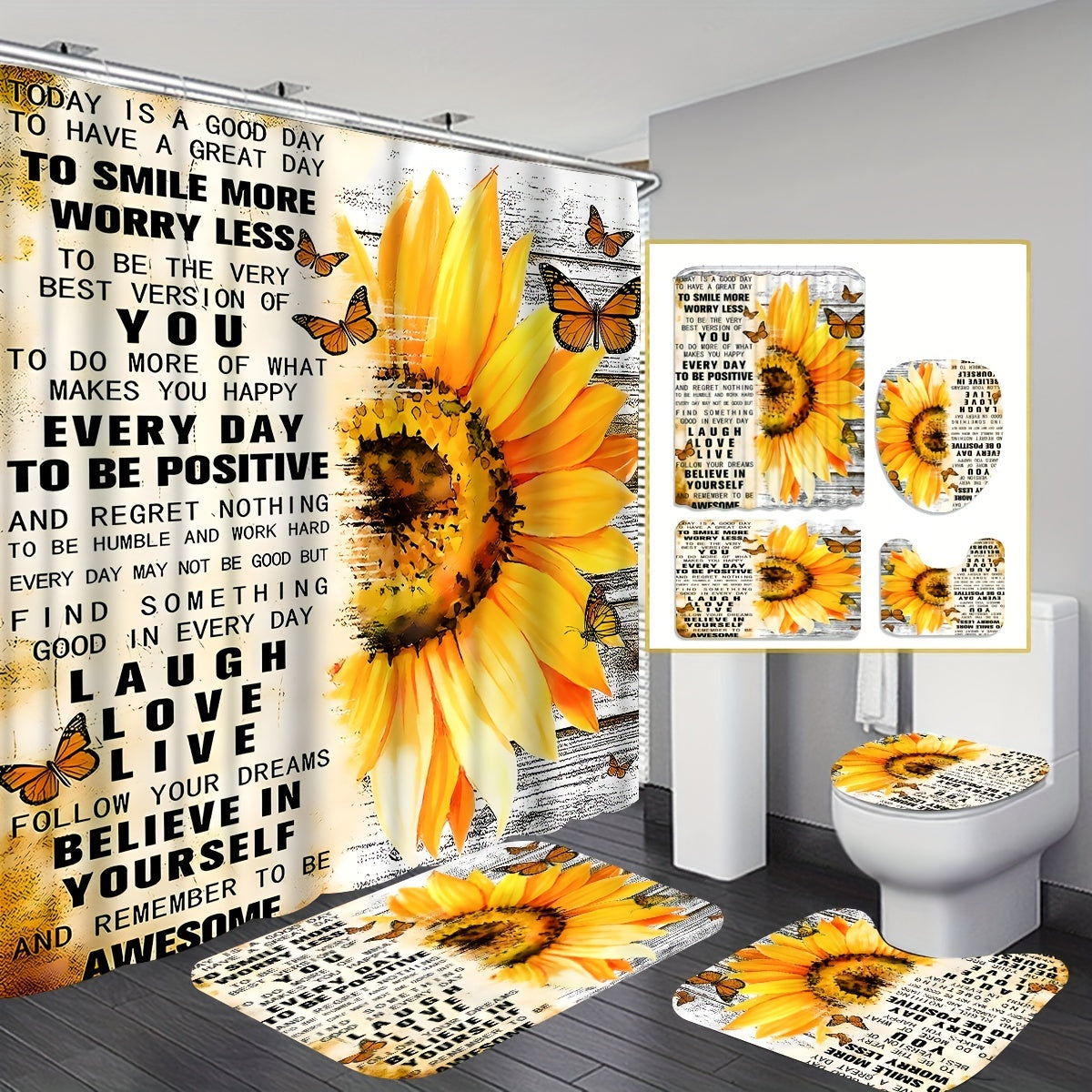 Smile More Worry Less Shower Curtain With 12 Hooks, Bathroom Rug, Toilet U-Shape Mat, Toilet Lid Cover Pad,  , 70.8x70.8in claimedbygoddesigns