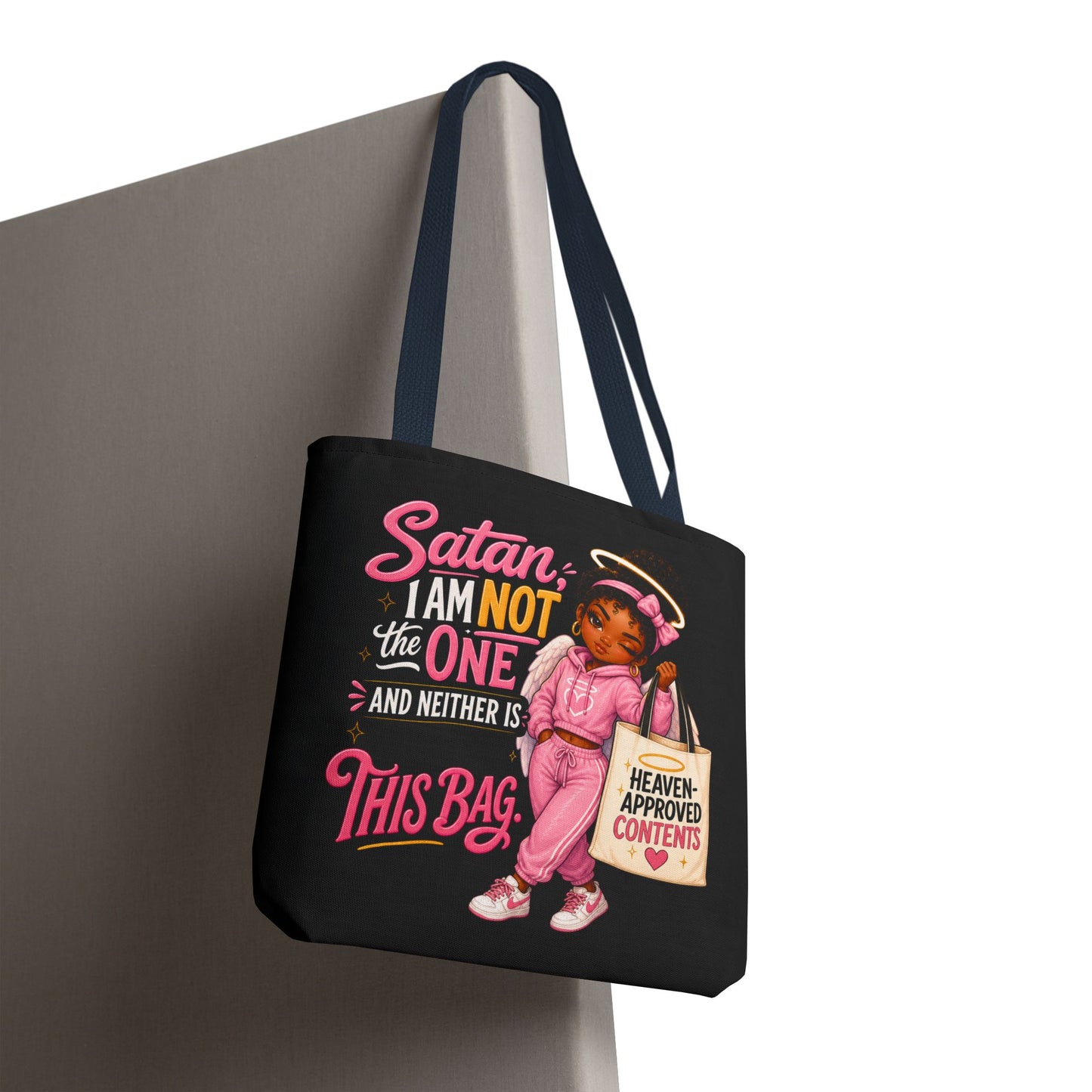 Tote Bag — "Satan I Am Not The One" Retro Angel Girl Tote (Heaven Approved Content) - ClaimedbyGodDesigns