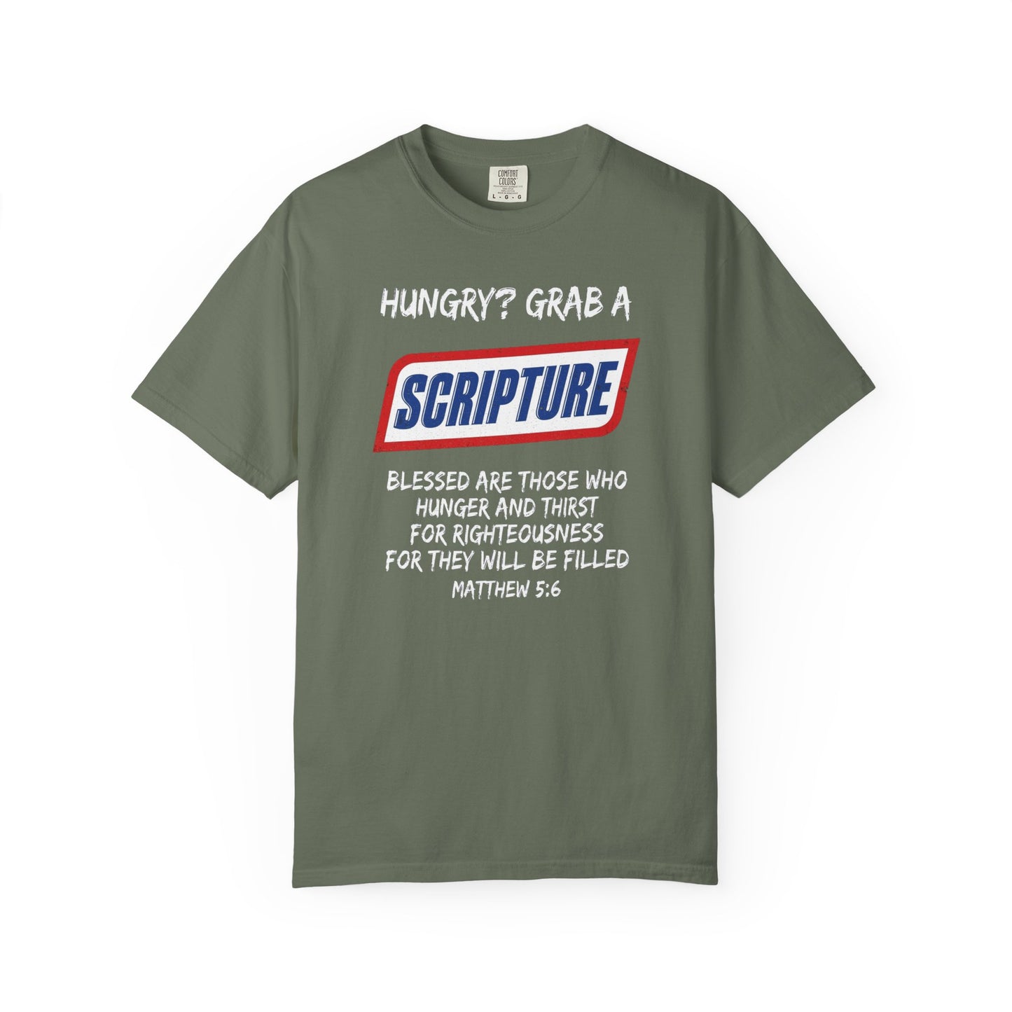 Scripture Snack T-Shirt — "Hungry? Grab a Scripture" Matthew 5:6 Christian Tee