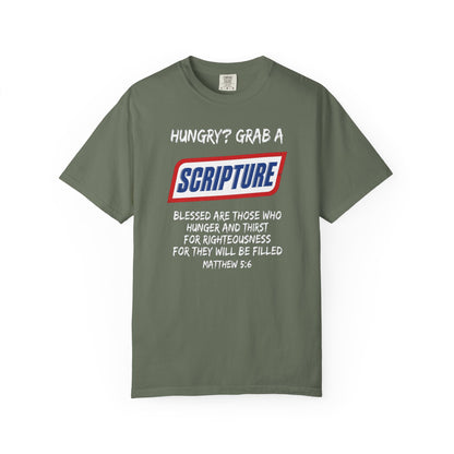 Scripture Snack T-Shirt — "Hungry? Grab a Scripture" Matthew 5:6 Christian Tee