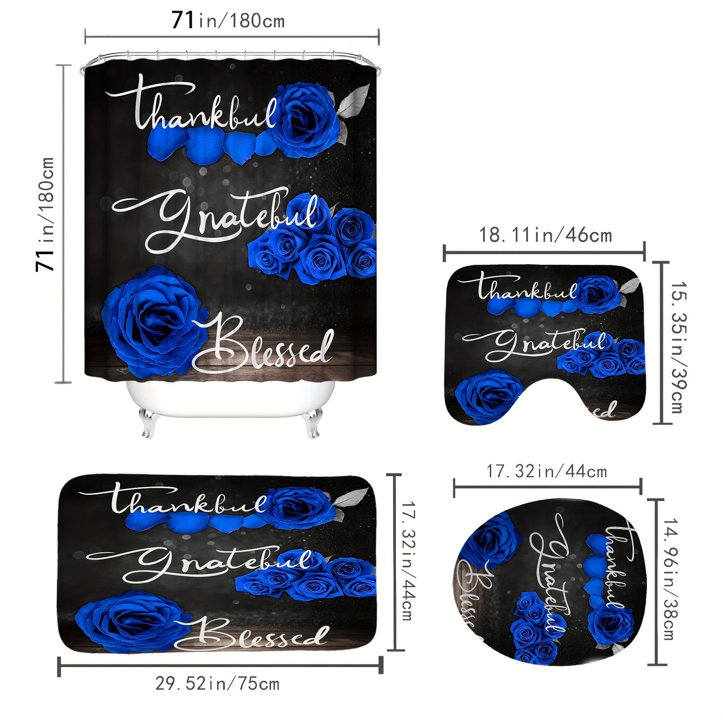 Thankful Grateful Blessed 4-Piece Blue Rose Christian Shower Curtain Set - Includes Non-Slip Toilet Seat Cover, Bath Mat & 12 Plastic Hooks claimedbygoddesigns