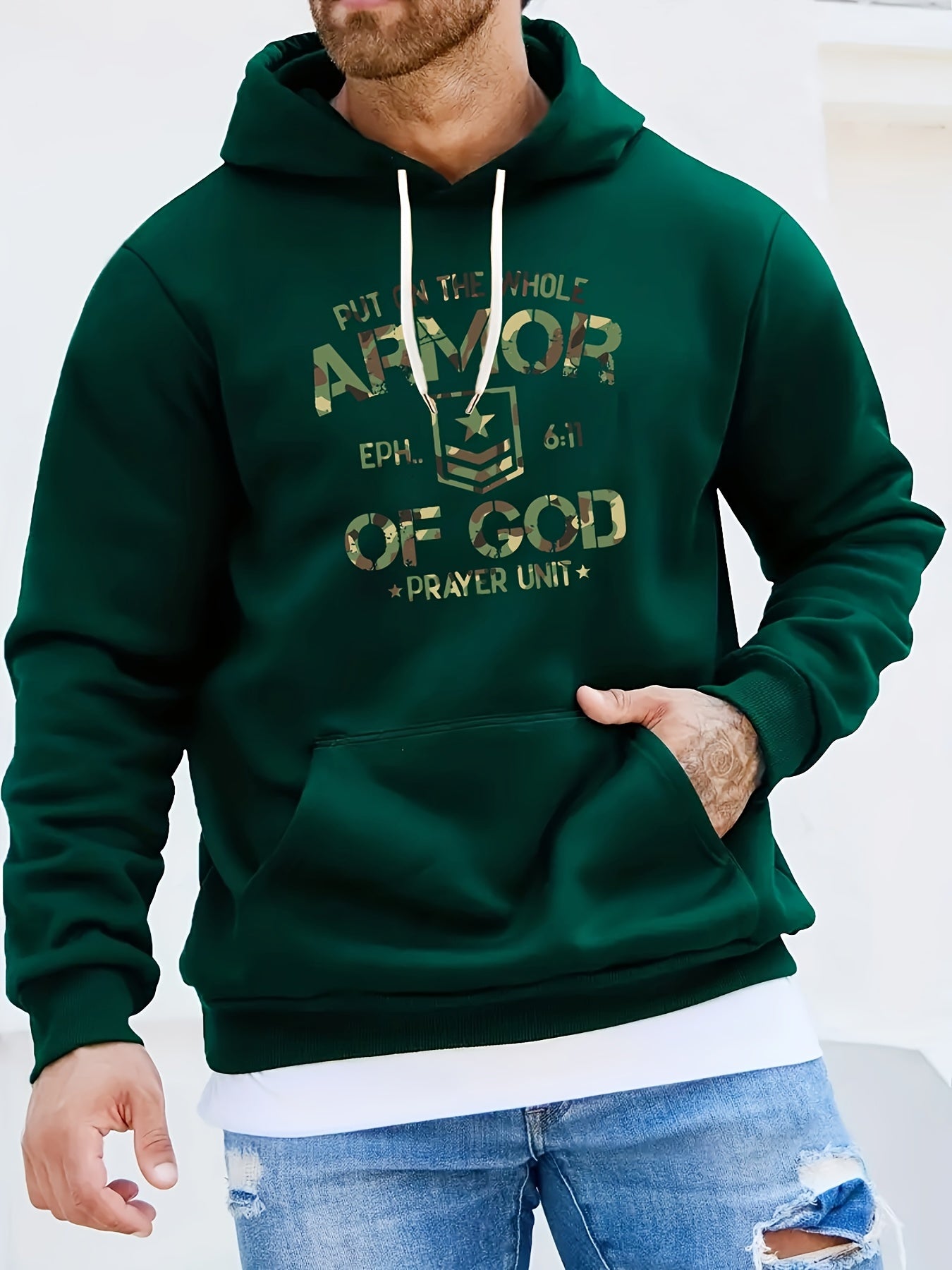 Ephesians 6:11 Prayer Unit: Put On The Whole Armor Of God Men's Christian Pullover Hooded Sweatshirt claimedbygoddesigns