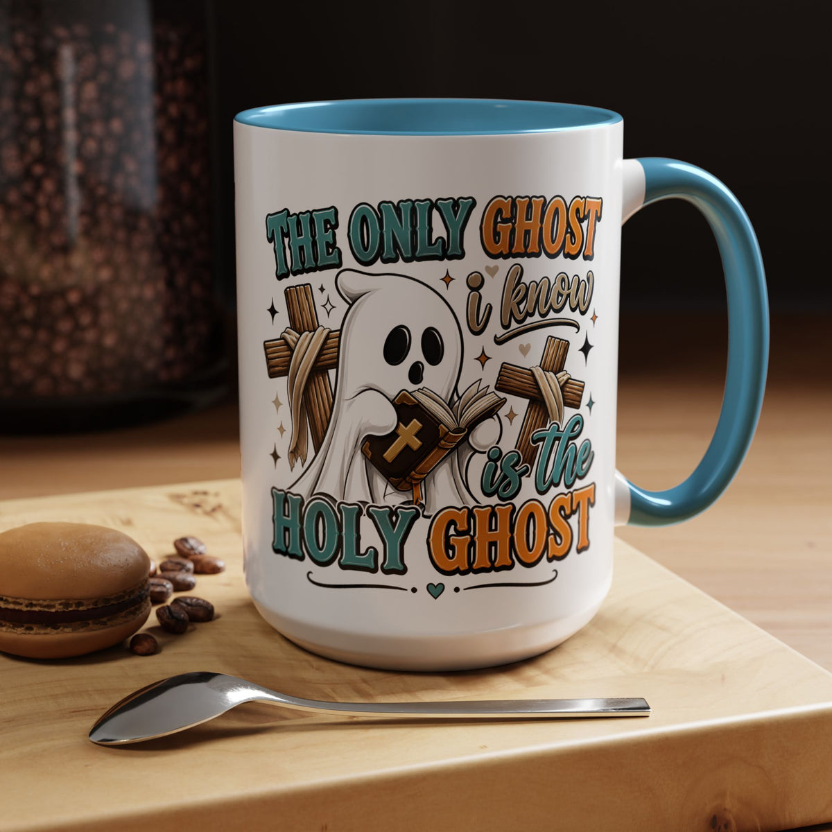 Accent Mug — "The Only Ghost I Know Is the Holy Ghost" Christian Halloween Coffee Cup