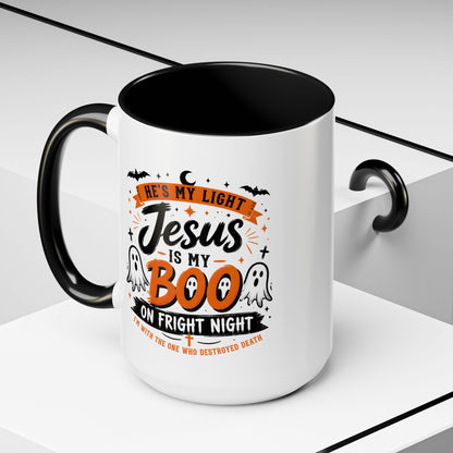 Christian Coffee Mug — "He's My Light, Jesus Is My Boo" Halloween Accent Mug