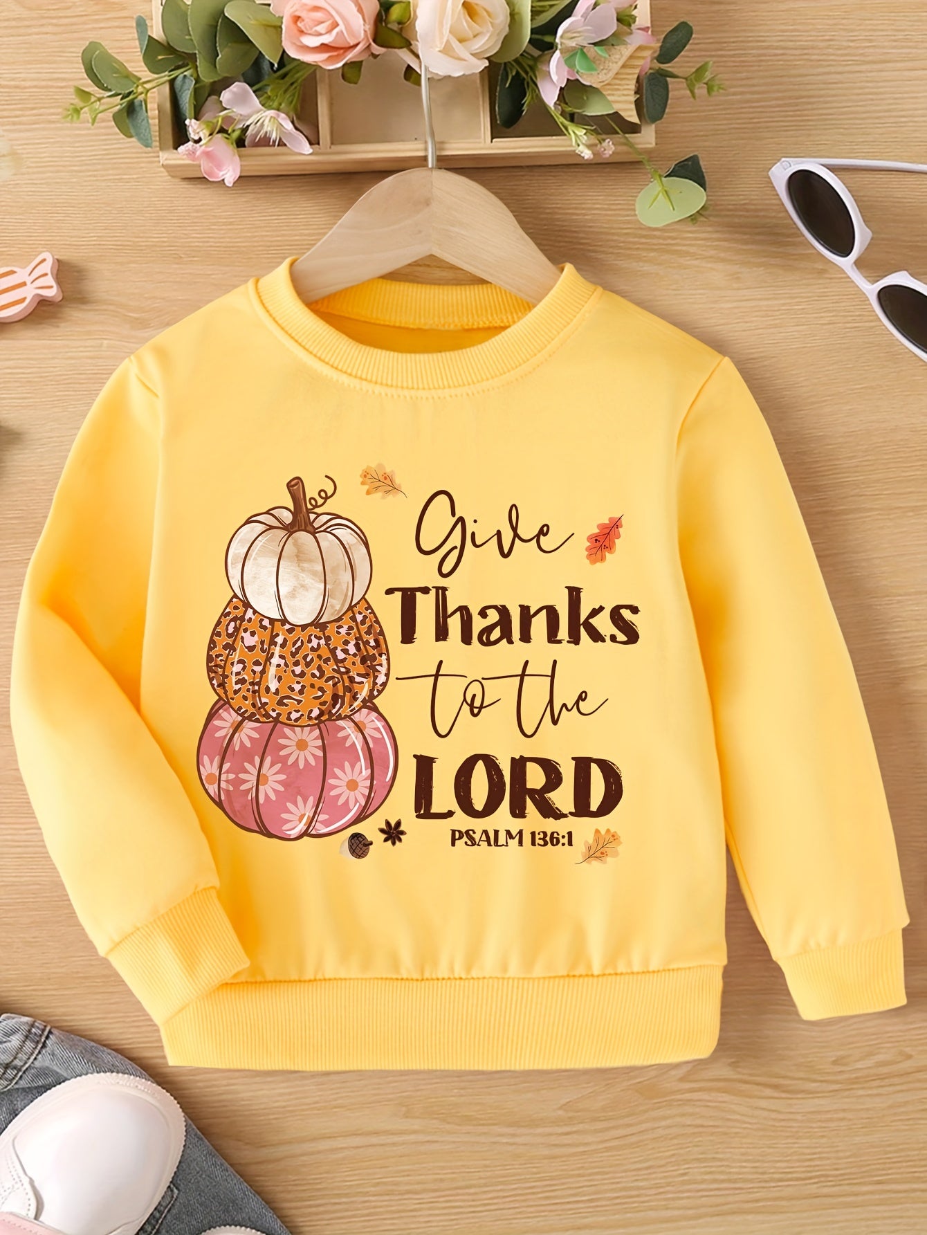 Psalm 136:1 Give Thanks To The Lord (Thanksgiving themed) Youth Christian Pullover Sweatshirt claimedbygoddesigns