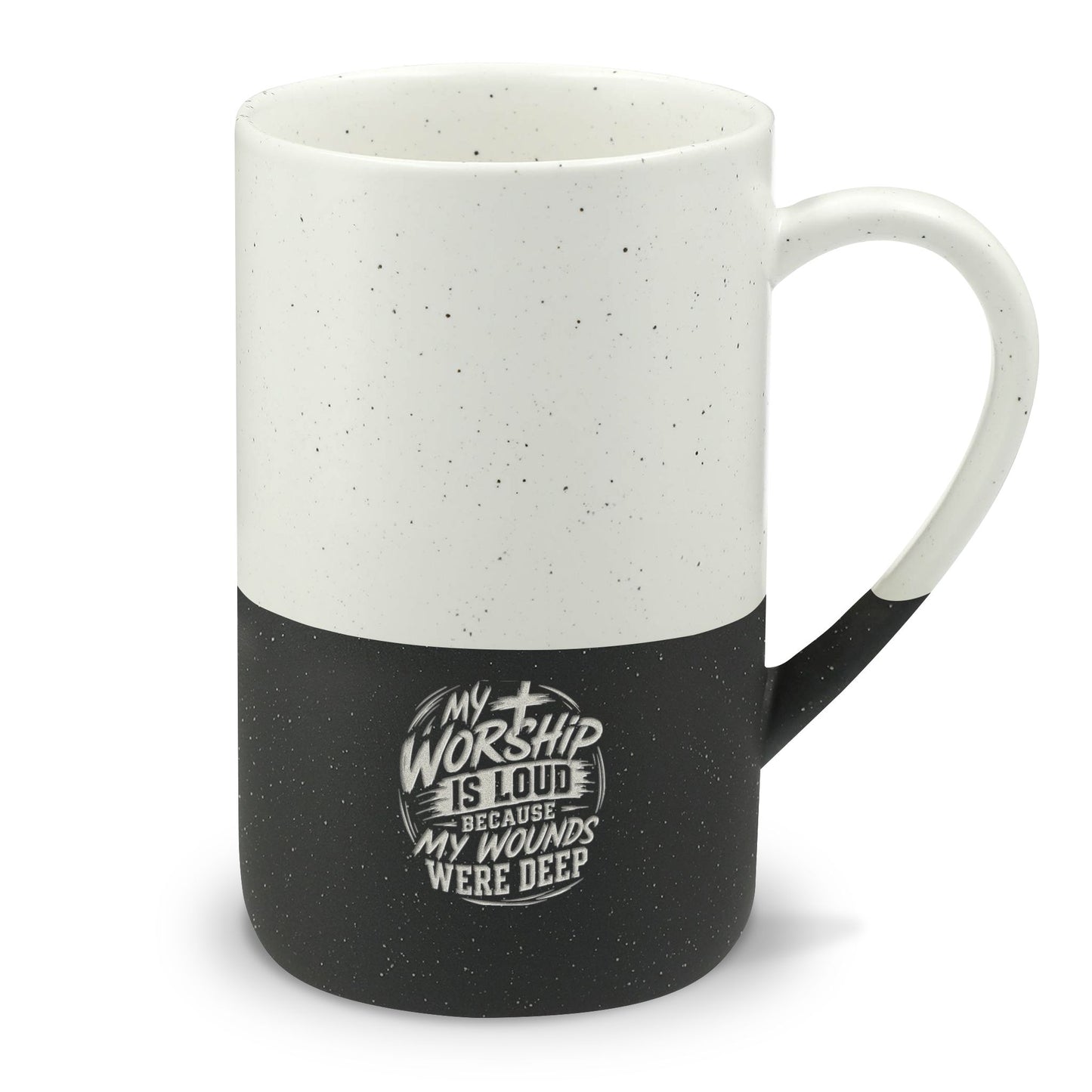 Speckled Two-Tone Christian Ceramic Mug — "My Worship Is Loud Because My Wounds Were Deep" Engraved 13oz