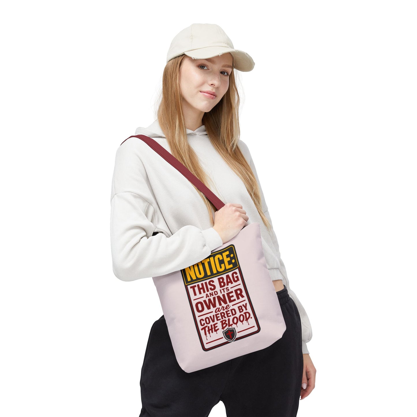 Tote Bag — "NOTICE: This Bag and Its Owner Are Covered by the Blood" Christian Faith Tote - ClaimedbyGodDesigns