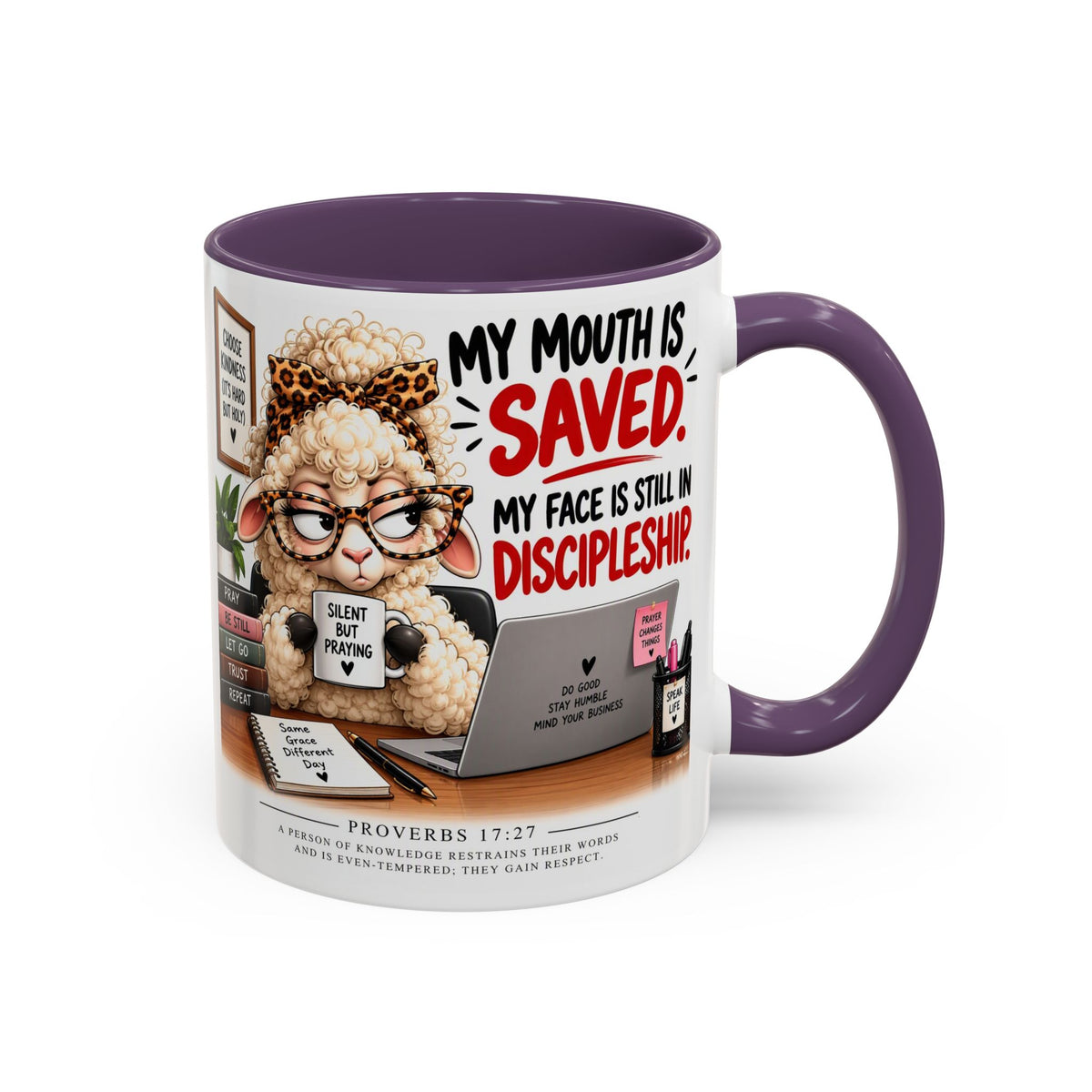 Saved & Sassy Sheep Coffee Mug — "My Mouth Is Saved, My Face Is Still In Discipleship" Accent Mug