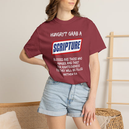 Scripture Snack T-Shirt — "Hungry? Grab a Scripture" Matthew 5:6 Christian Tee