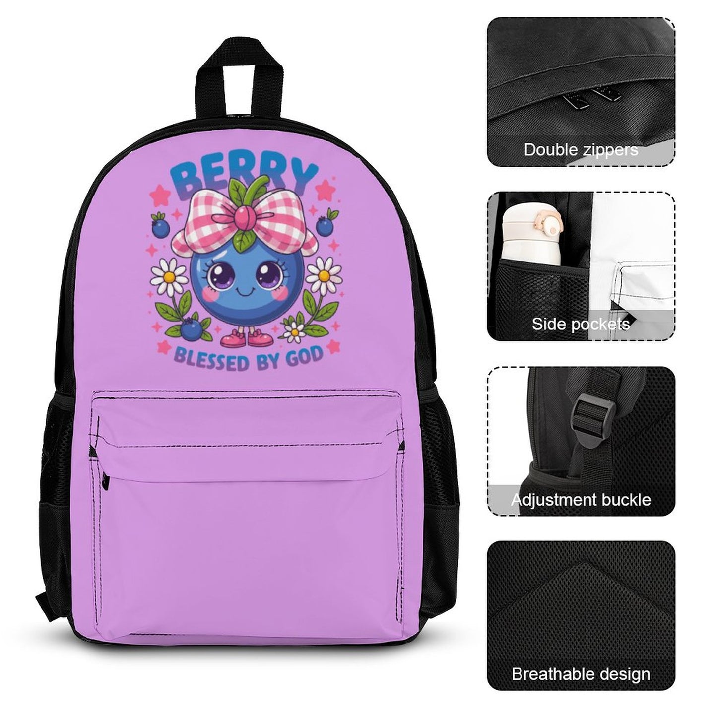 Berry Blessed Christian Backpack Set of 3 Bags (Shoulder Bag Lunch Bag & Pencil Pouch)