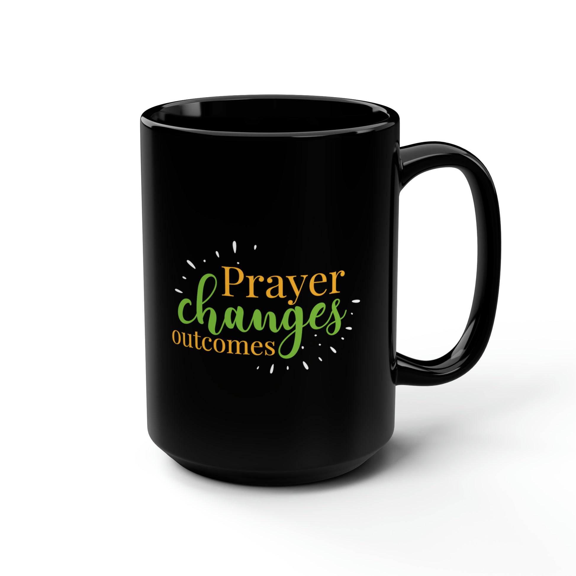 Prayer Changes Outcomes Christian Black Ceramic Mug, 15oz (double sided print) Printify