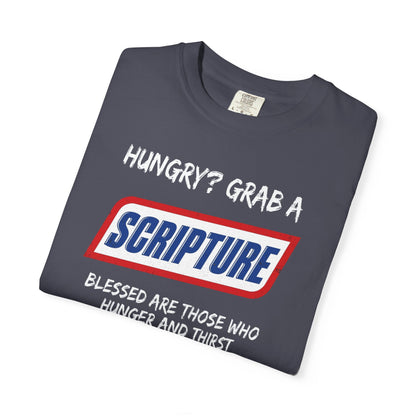 Scripture Snack T-Shirt — "Hungry? Grab a Scripture" Matthew 5:6 Christian Tee
