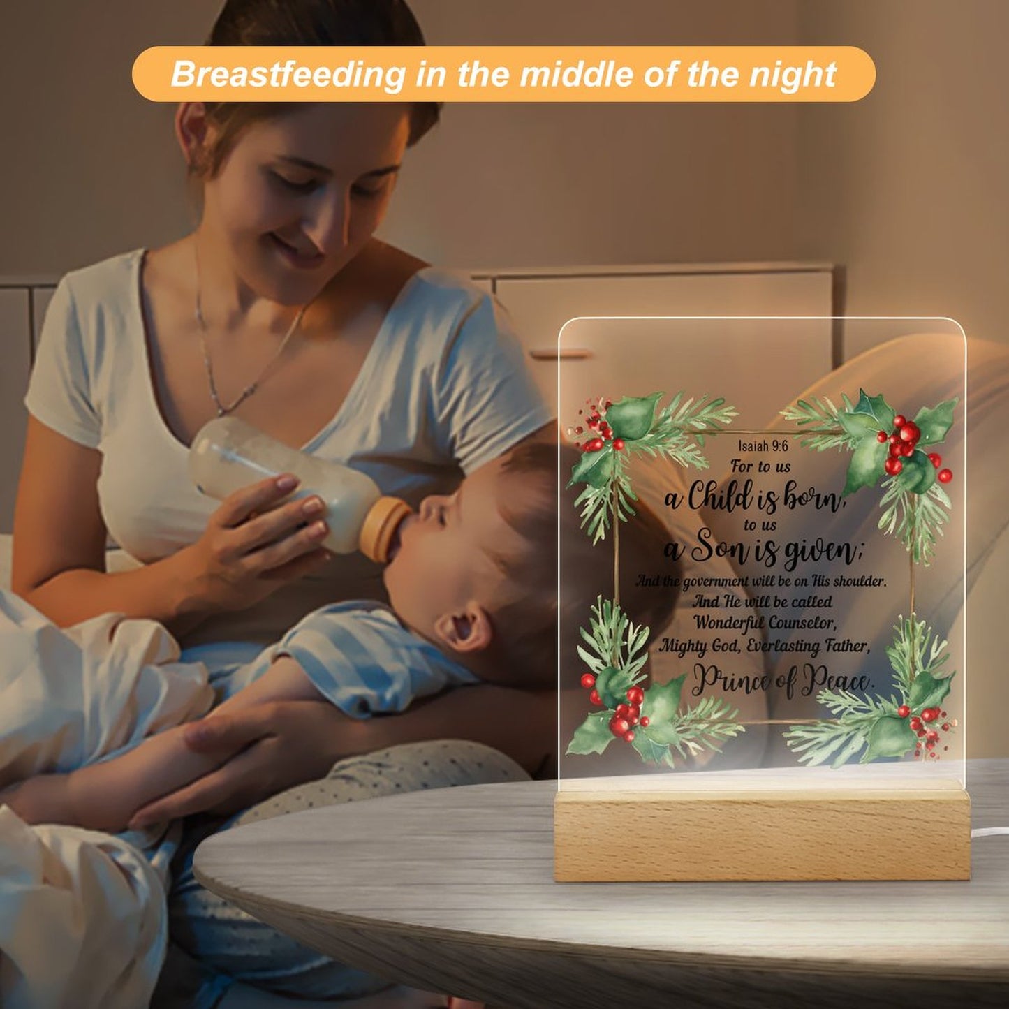 Isaiah 9:6 For To Us A Child Is Born (Christmas Themed)  Christian Acrylic Night Light with Wooden Base