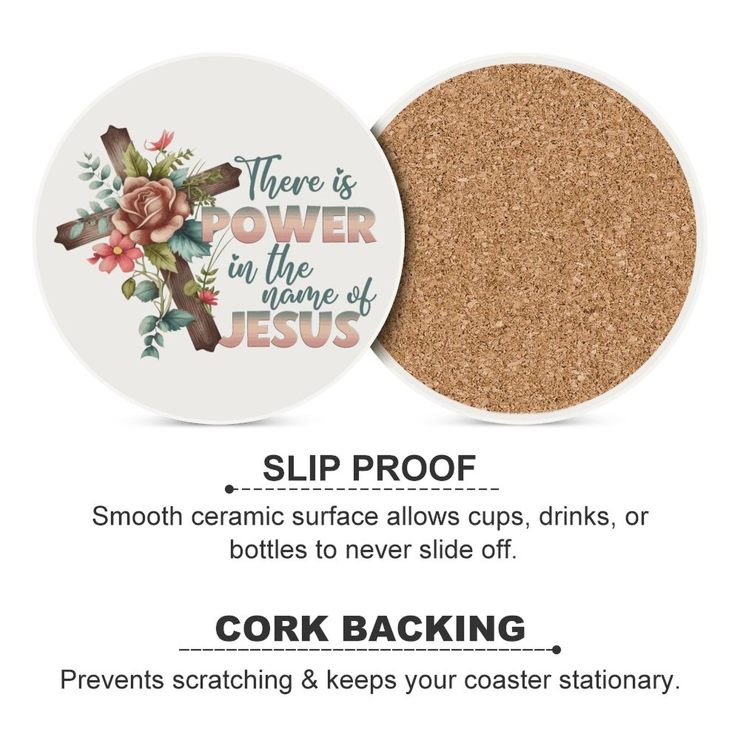 There Is Power In His Name Christian Round Ceramic Coaster - ClaimedbyGodDesigns