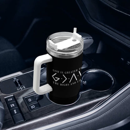 He Is Greater Christian 40oz Large Capacity Car Tumbler (double - sided print) - ClaimedbyGodDesigns