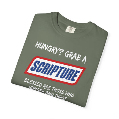 Scripture Snack T-Shirt — "Hungry? Grab a Scripture" Matthew 5:6 Christian Tee