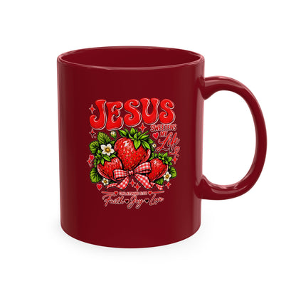 Ceramic Mug — "Jesus Sweetens My Life" Strawberry Faith Coffee Cup