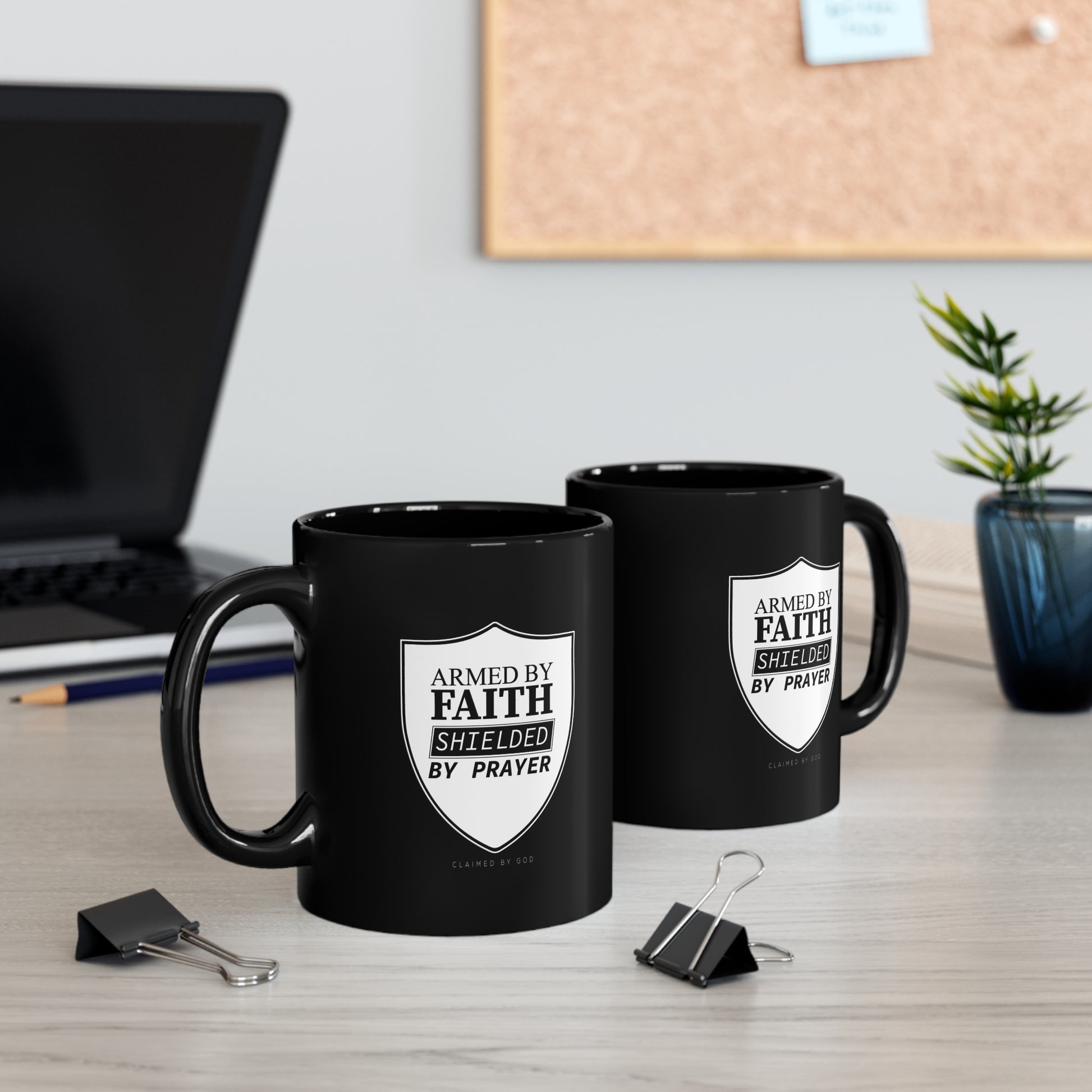 Armed By Faith Shielded By Prayer Christian Black Ceramic Mug 11oz (double sided print) Printify