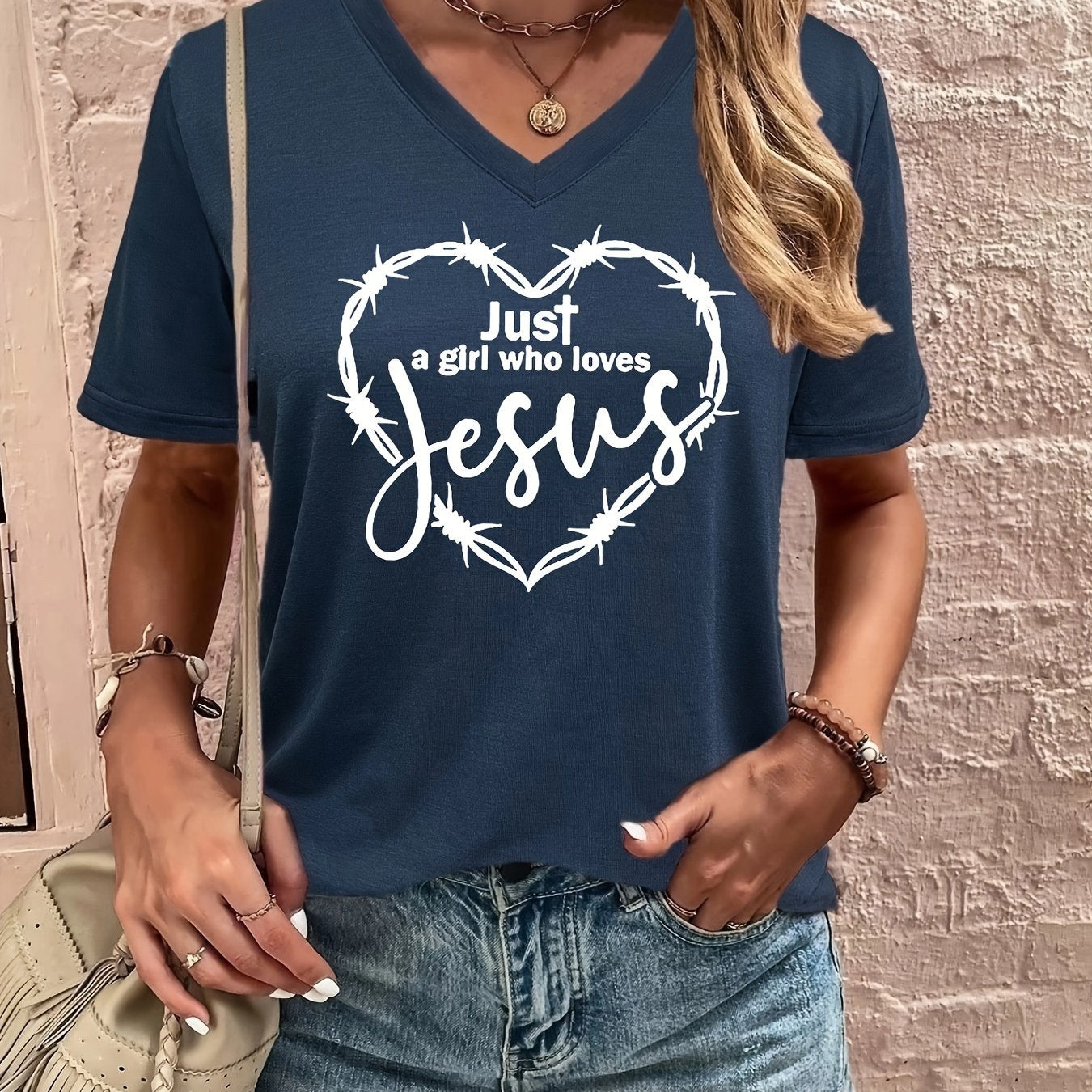 Just A Girl Who Loves Jesus Women's Christian V Neck T-Shirt claimedbygoddesigns