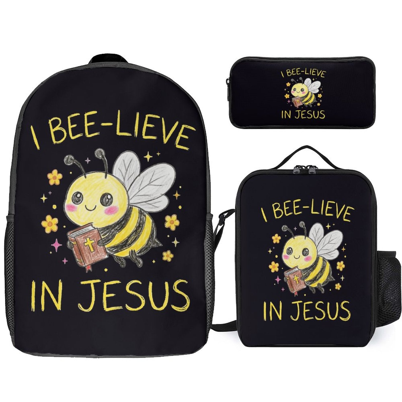I Bee - lieve In Jesus 3 PCS Christian Backpack Set (Backpack, Lunch Bag and Pencil Case) - ClaimedbyGodDesigns