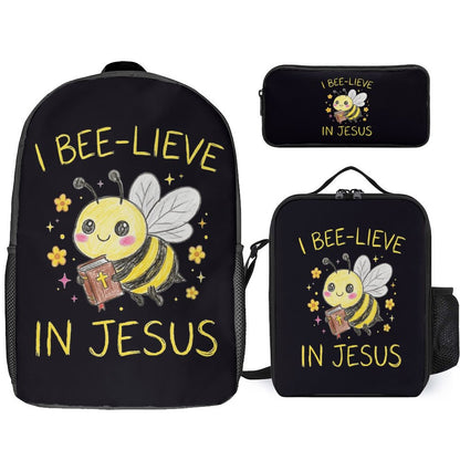 I Bee - lieve In Jesus 3 PCS Christian Backpack Set (Backpack, Lunch Bag and Pencil Case) - ClaimedbyGodDesigns