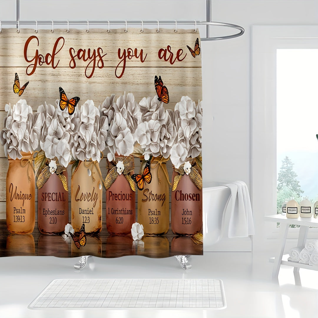 God Says You Are (Butterfly Flower) Christian Shower Curtain Including Hooks claimedbygoddesigns