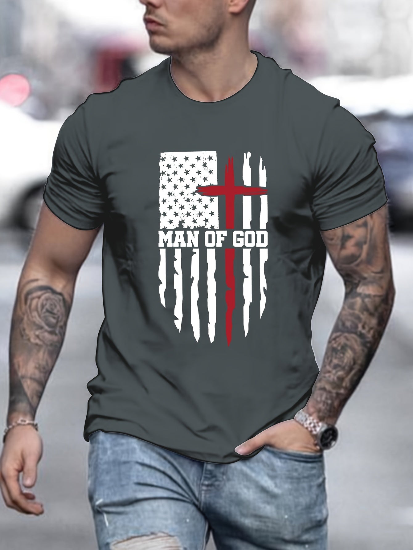 Man Of God Patriotic American Flag Men's Christian T-shirt claimedbygoddesigns