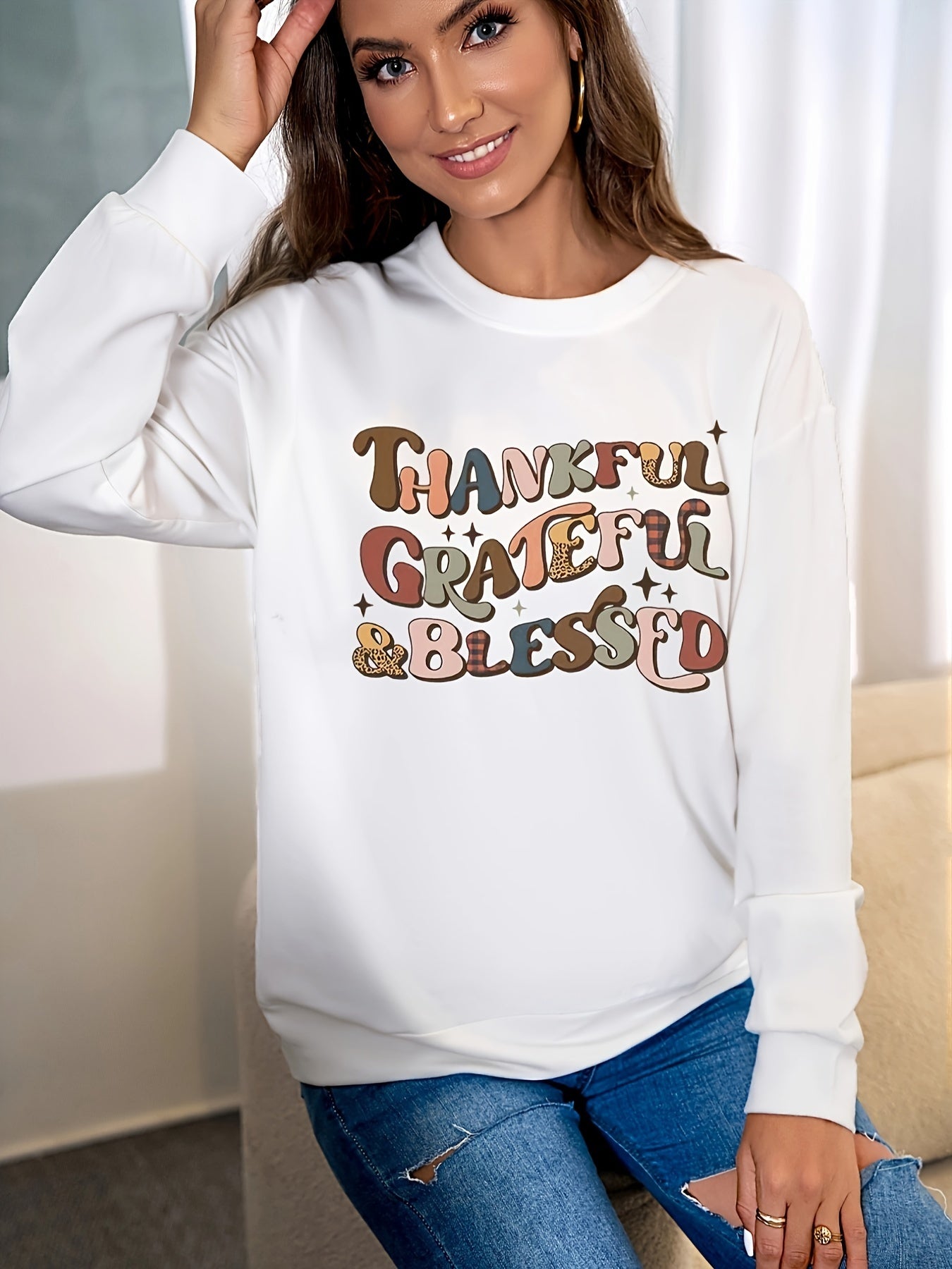 Thankful Grateful Blessed (thanksgiving themed) Women's Christian Pullover Sweatshirt claimedbygoddesigns