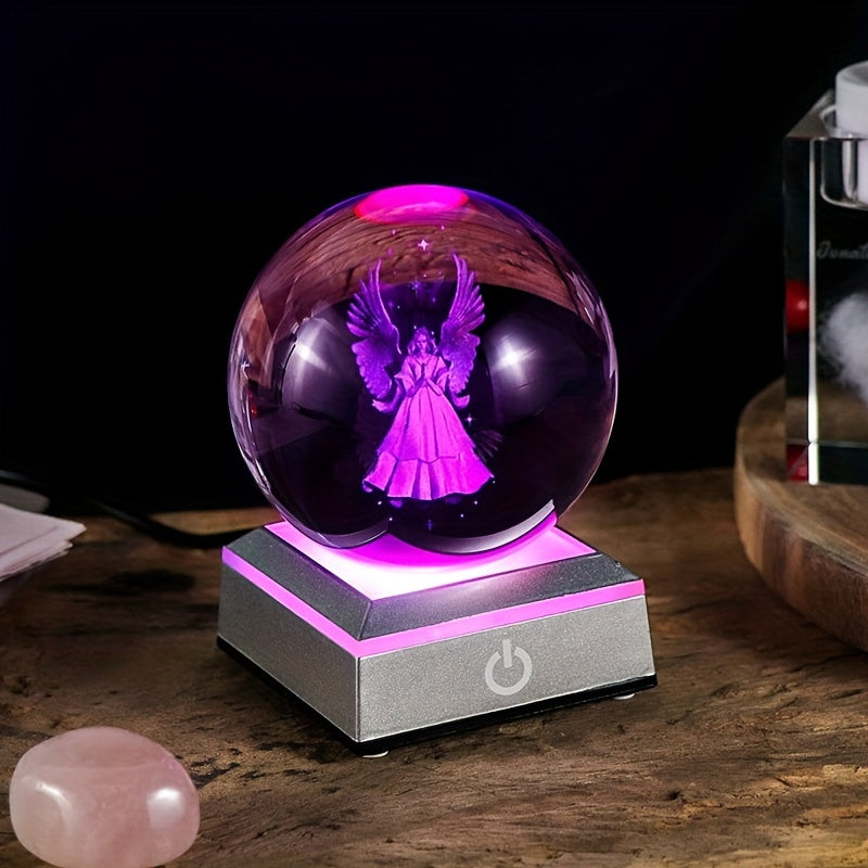 1pc 3D Laser Angel Crystal Ball With LED Base, Christian Gift Idea 3.15 In claimedbygoddesigns