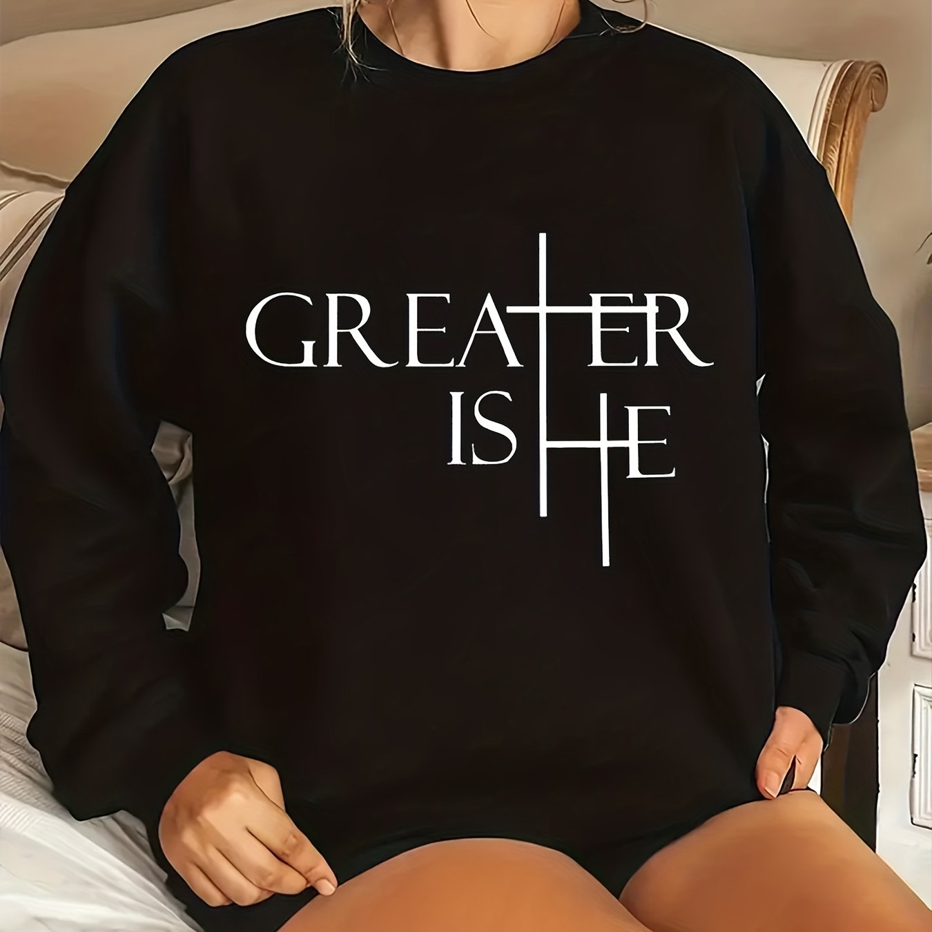 Greater Is He Plus Size Women's Christian Pullover Sweatshirt claimedbygoddesigns