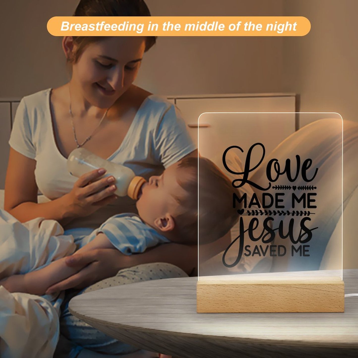 Love Made Me Jesus Saved Me Christian Acrylic Night Light with Wooden Base Christian Gift Idea