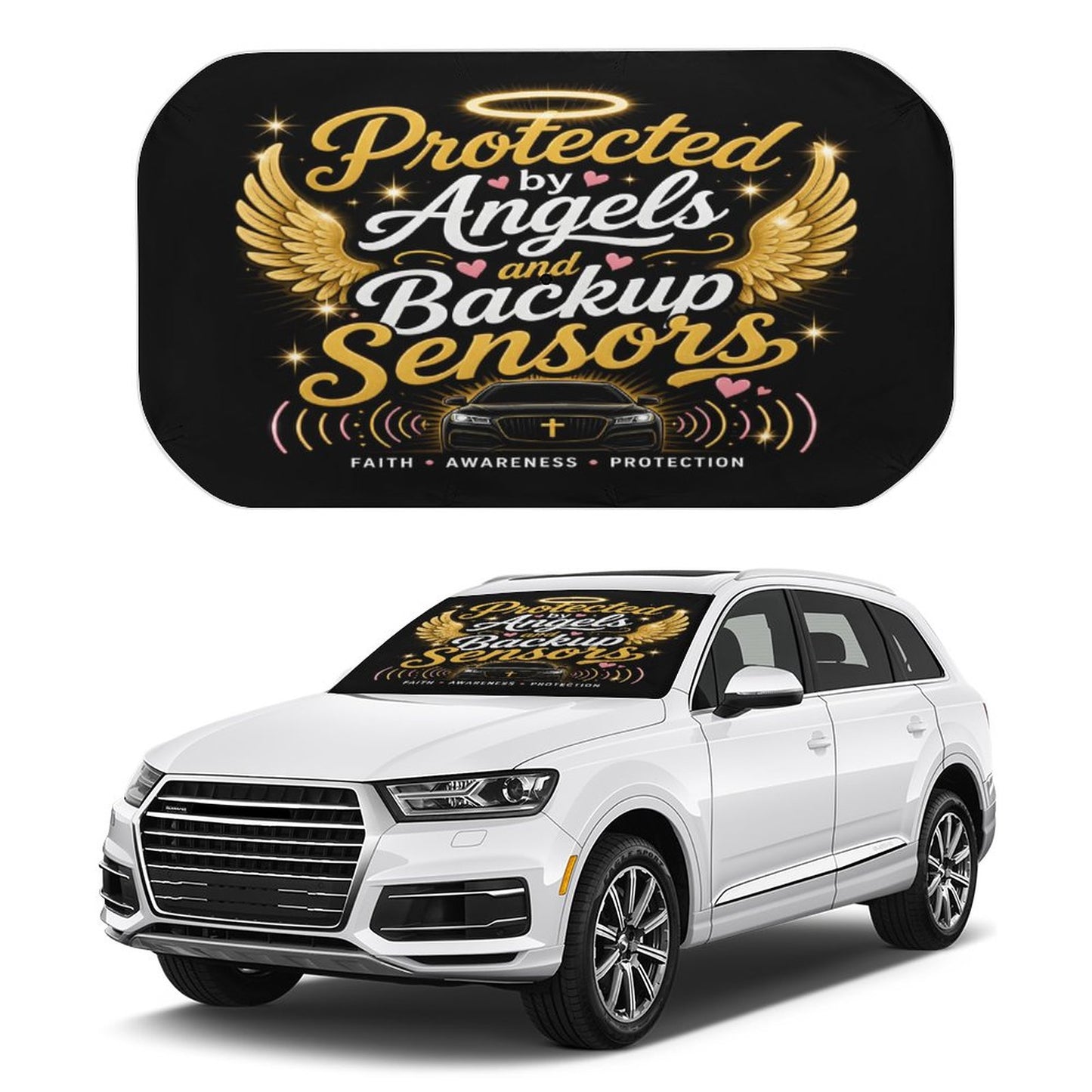 Protected by Angels & Backup Sensors Christian Car Sunshade Umbrella - ClaimedbyGodDesigns
