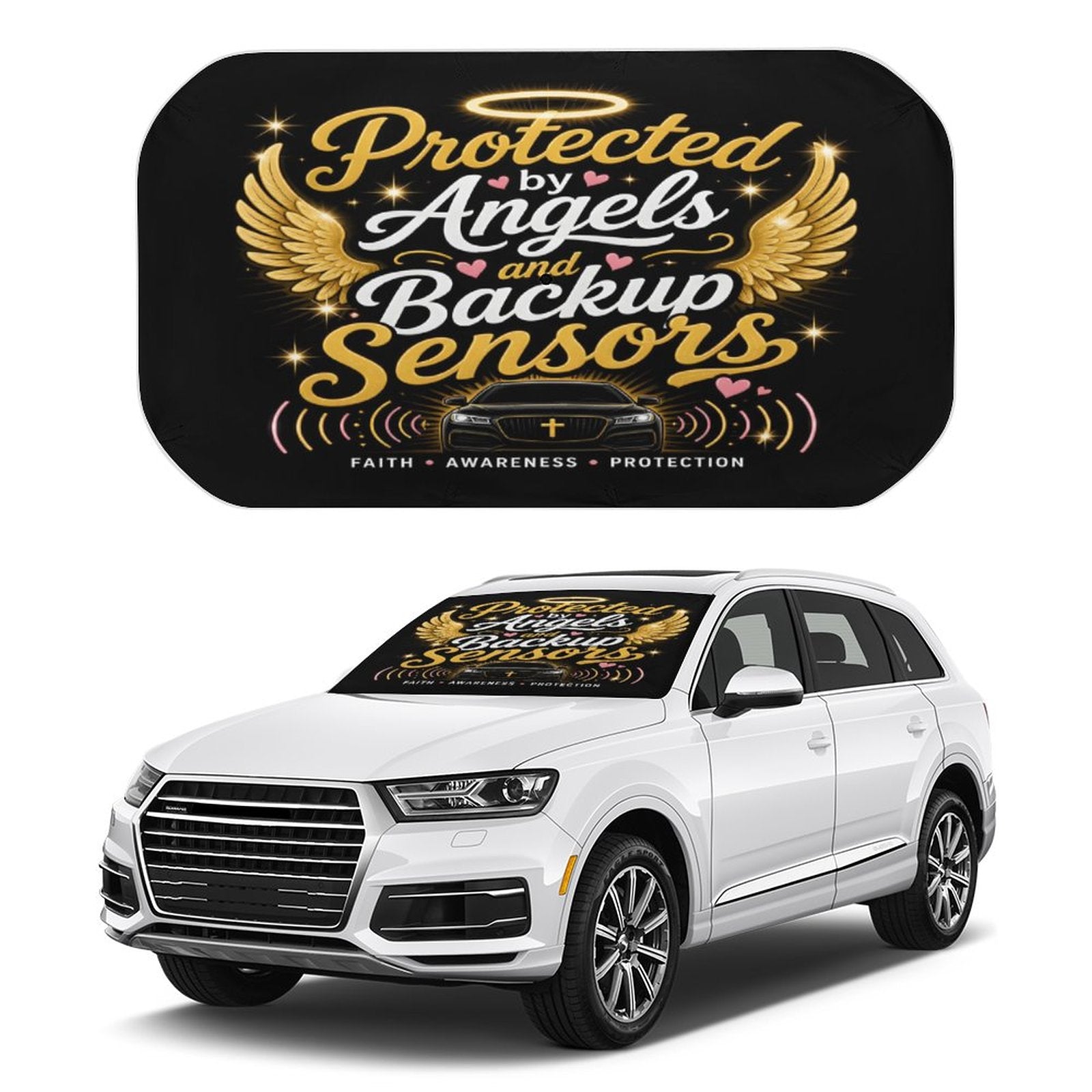 Protected by Angels & Backup Sensors Christian Car Sunshade Umbrella - ClaimedbyGodDesigns
