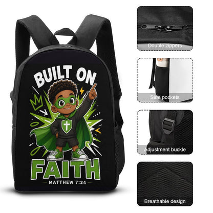 Built On Faith Boy Christian 3 PCS Bag Set (Backpack, Lunch Bag and Pencil Case)