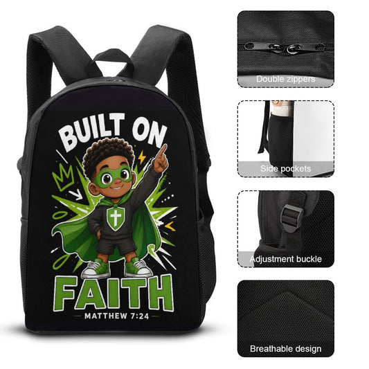 Built On Faith Boy Christian 3 PCS Bag Set (Backpack, Lunch Bag and Pencil Case)