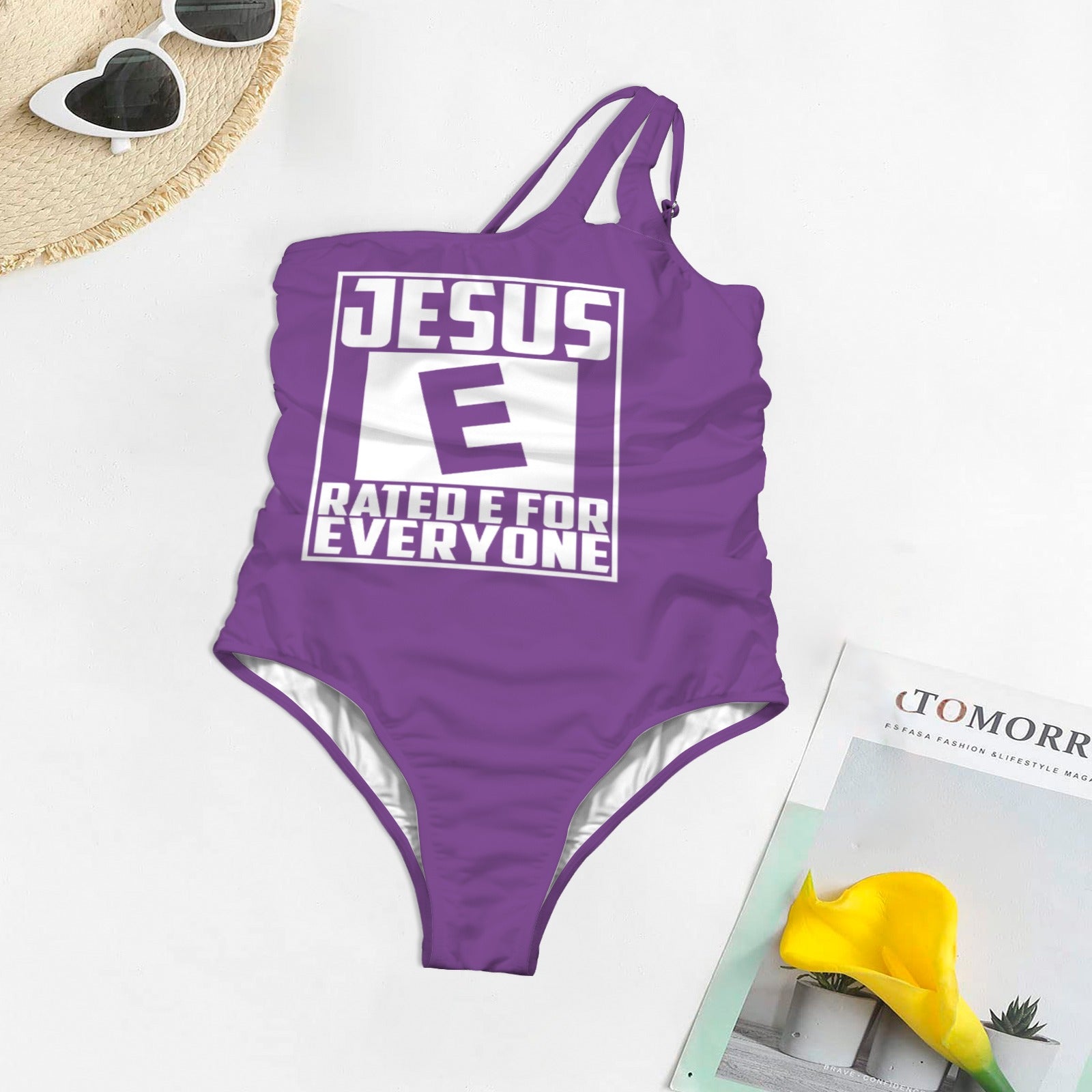 Jesus Rated E For Everyone Christian Women's One Shoulder Keyhole One Piece Swimsuit