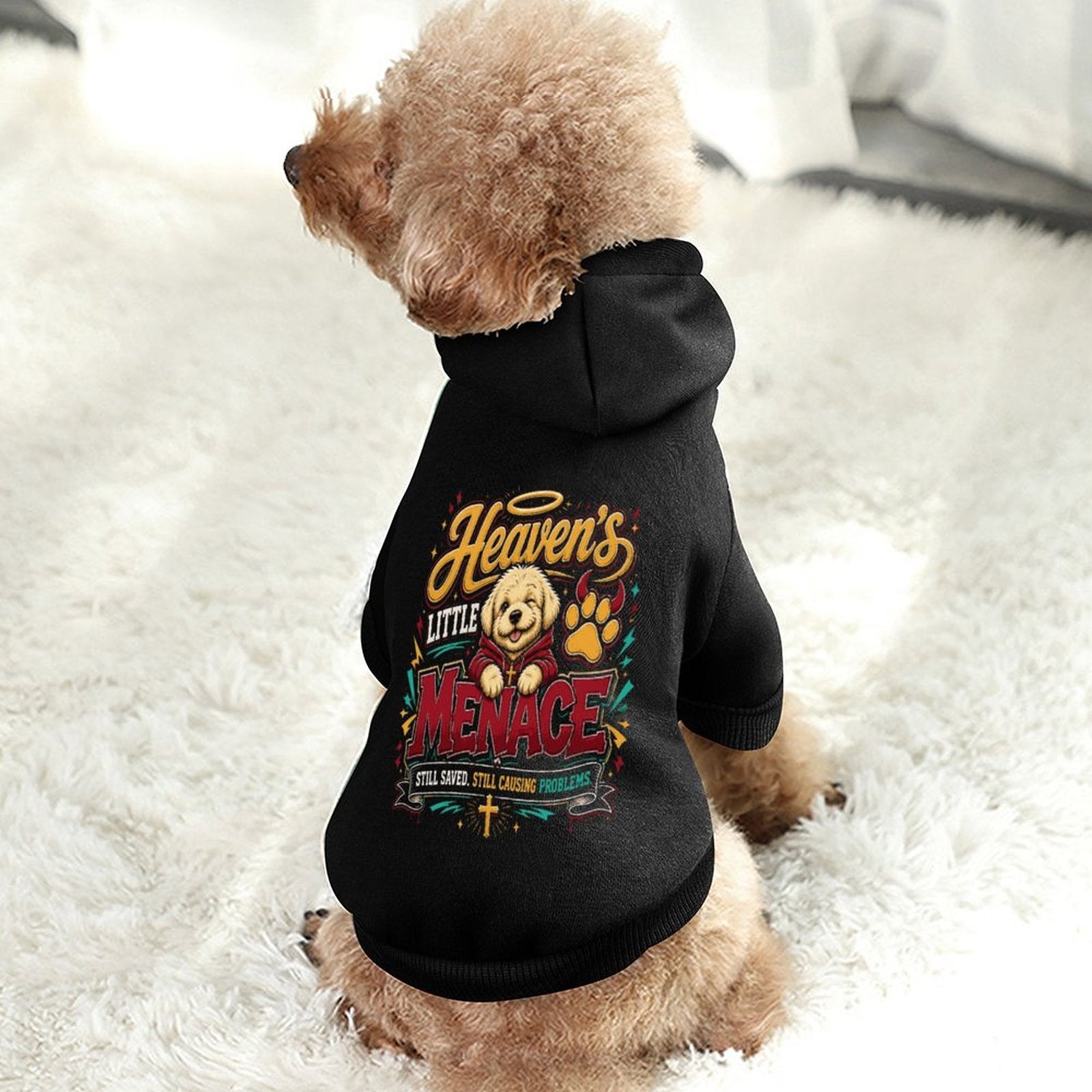 Heaven's Little Menace Christian Pet Hooded Pullover Sweatshirt Dog Hoodie Warm, Soft & Breathable - ClaimedbyGodDesigns
