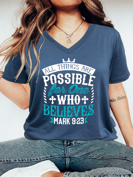 All Things Are Possible For One Who Believes Women's Christian V Neck T-Shirt claimedbygoddesigns