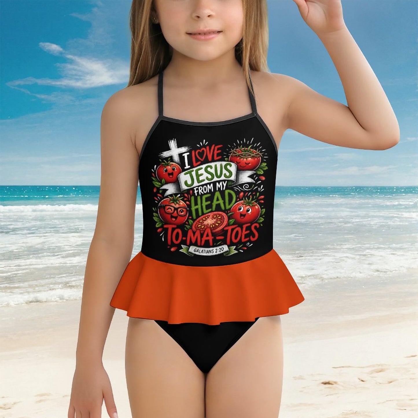 I Love Jesus From My Head To-Ma-Toes Kids One Piece Ruffle Strap Christian Swimsuit