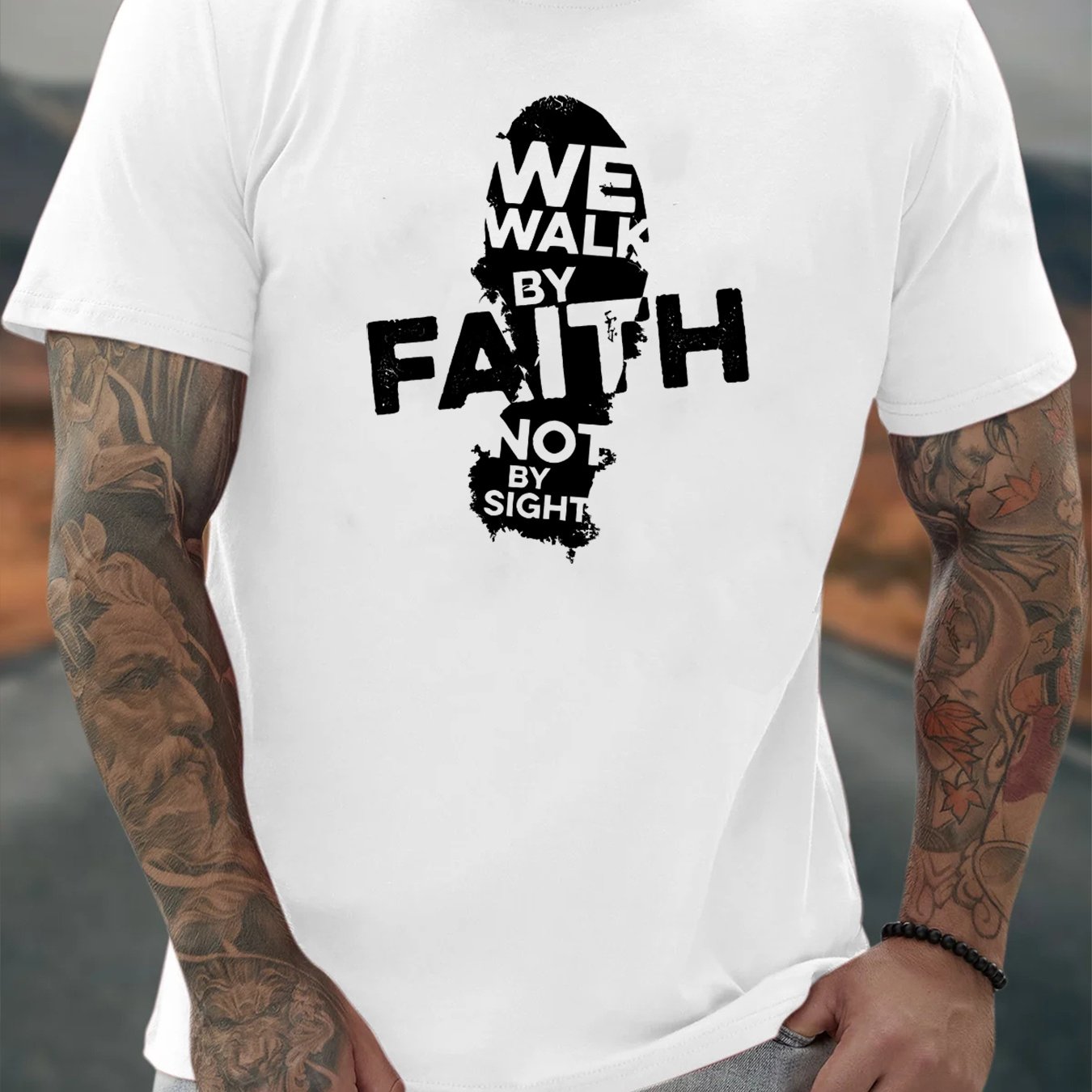 Walk By Faith (footprint 2) Men's Christian T-shirt claimedbygoddesigns