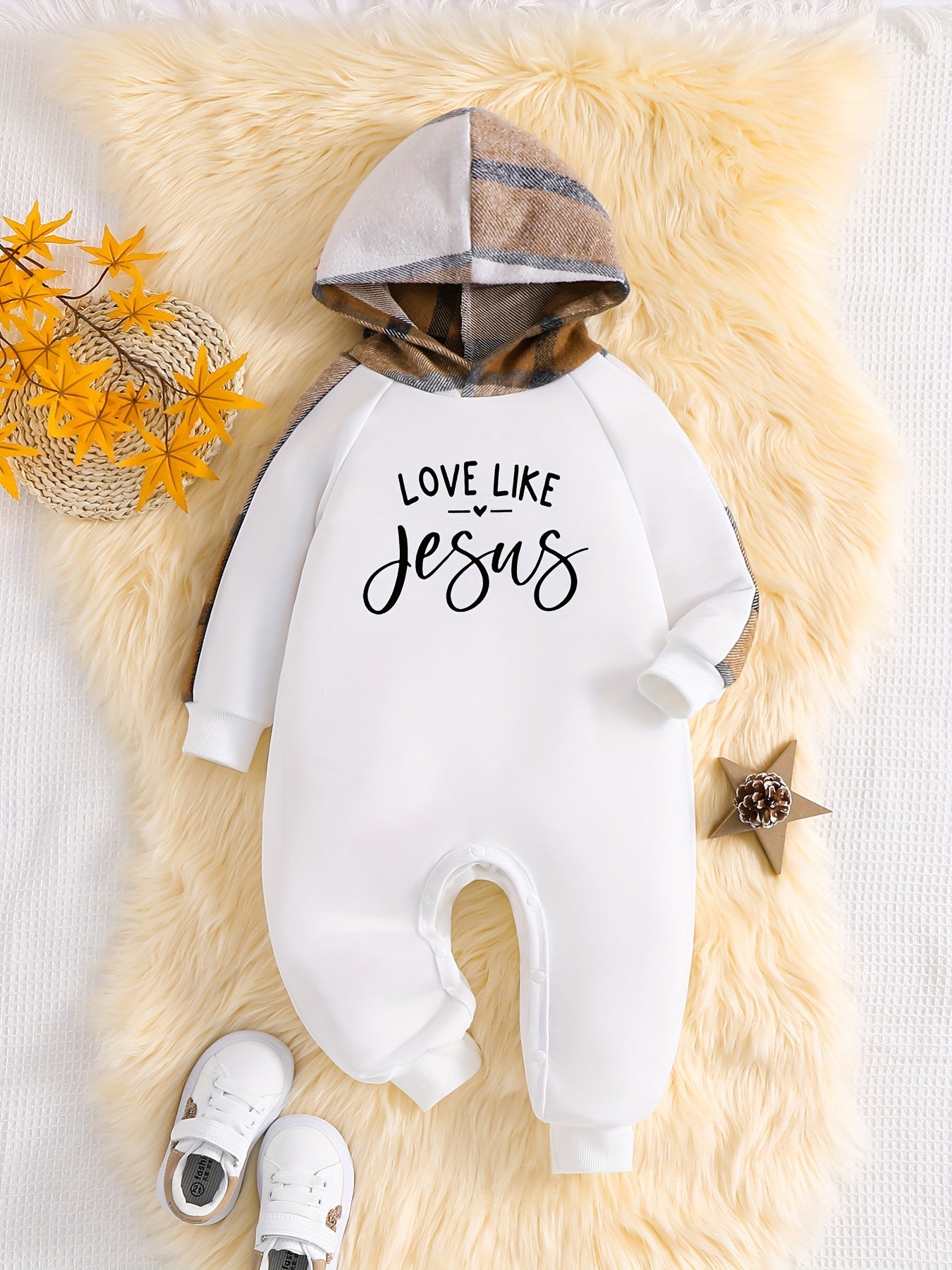 Love Like Jesus Long Sleeve Hooded Christian Baby Onesie claimedbygoddesigns