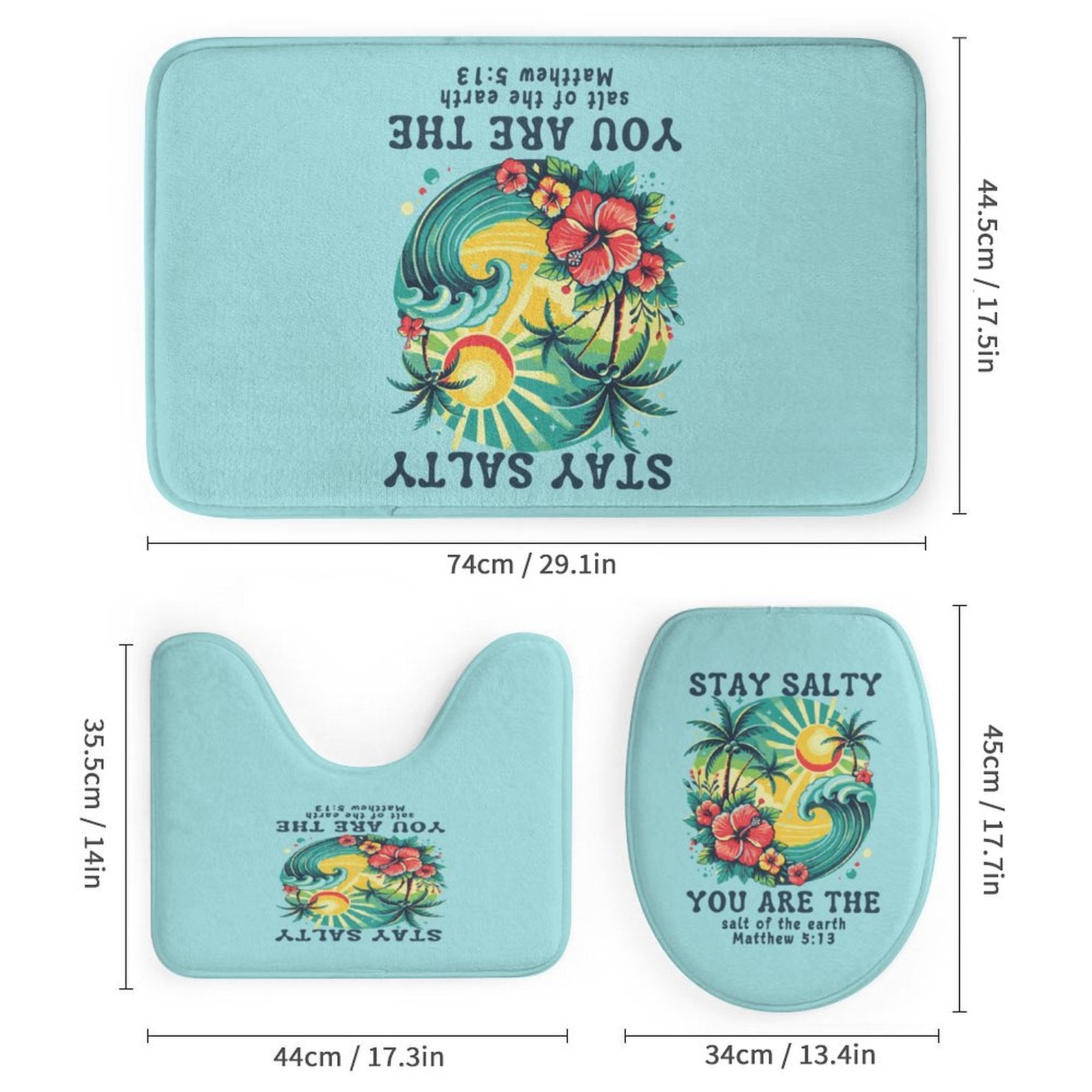 Stay Salty Christian Shower Curtain Set with a bath rug, a contour rug and a toilet lid - ClaimedbyGodDesigns