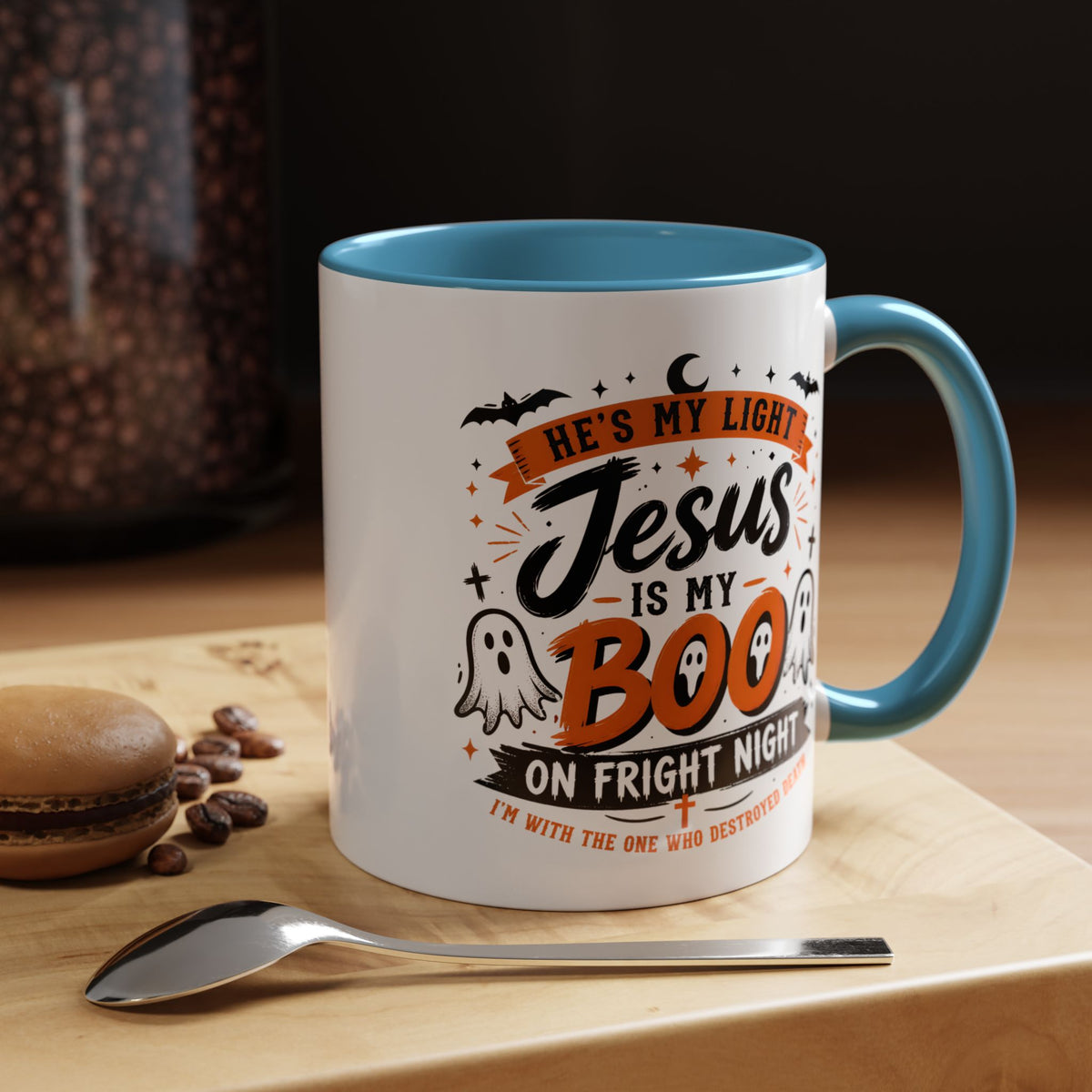 Christian Coffee Mug — "He's My Light, Jesus Is My Boo" Halloween Accent Mug