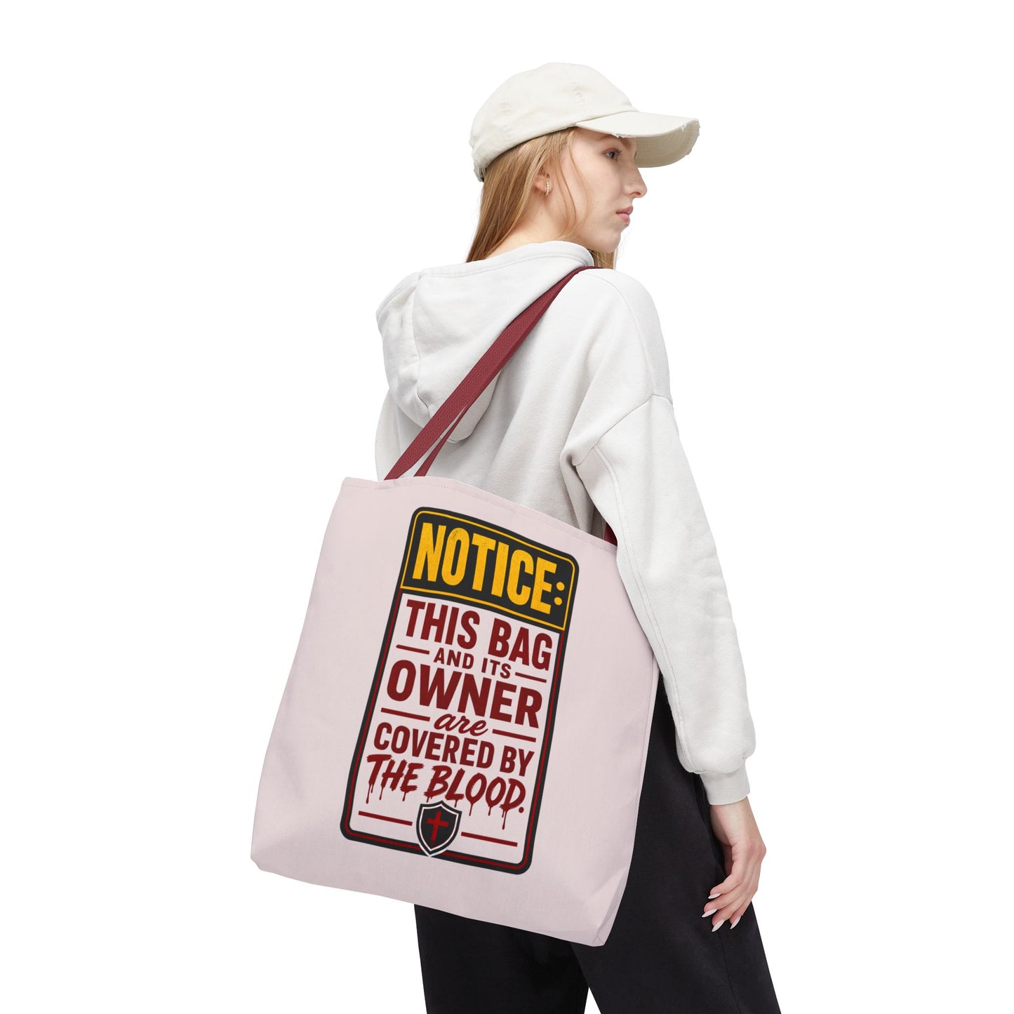 Tote Bag — "NOTICE: This Bag and Its Owner Are Covered by the Blood" Christian Faith Tote - ClaimedbyGodDesigns