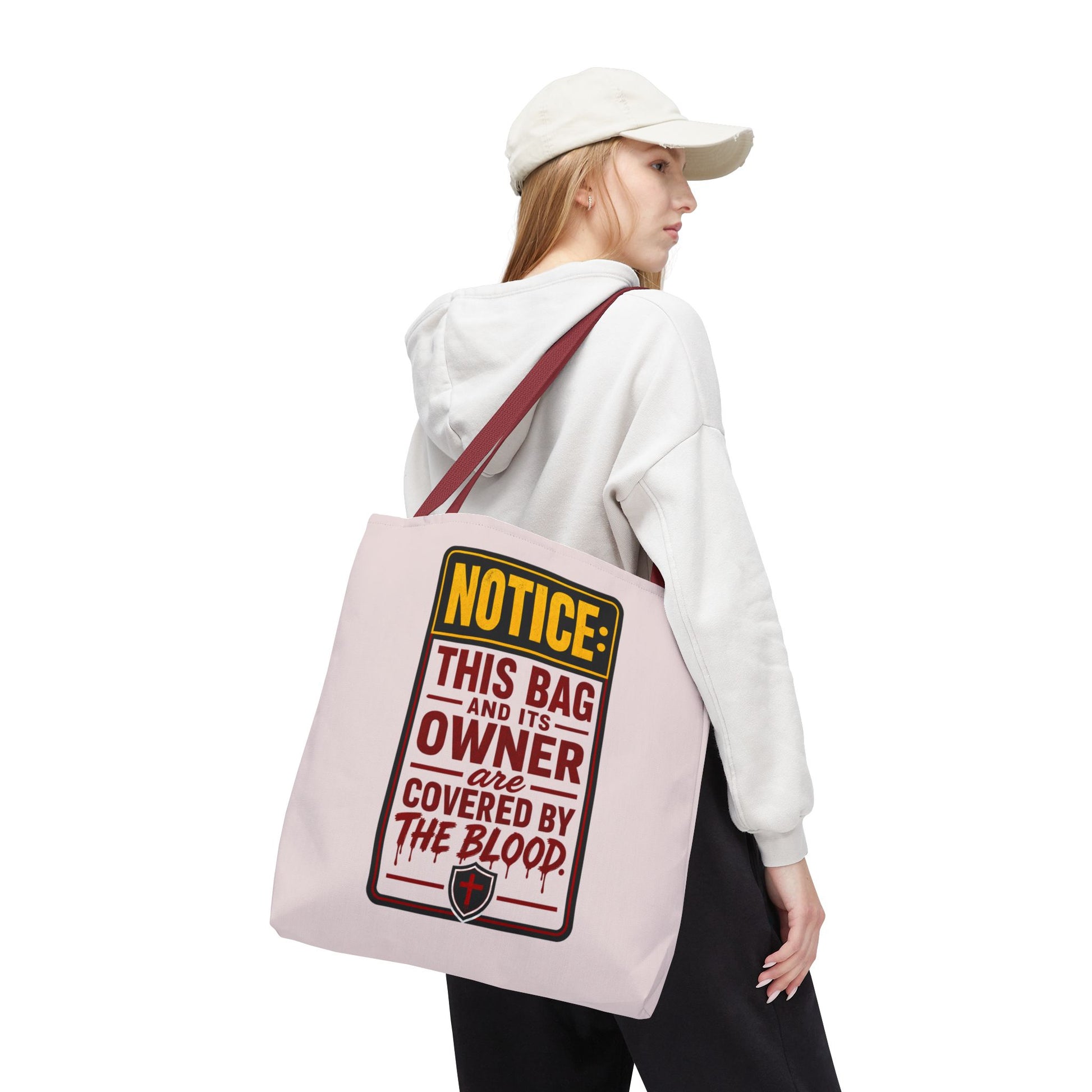 Tote Bag — "NOTICE: This Bag and Its Owner Are Covered by the Blood" Christian Faith Tote - ClaimedbyGodDesigns